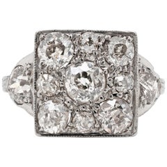 Antique Old Cut Diamond Platinum Hand Carved Cluster Ring, circa 1920s