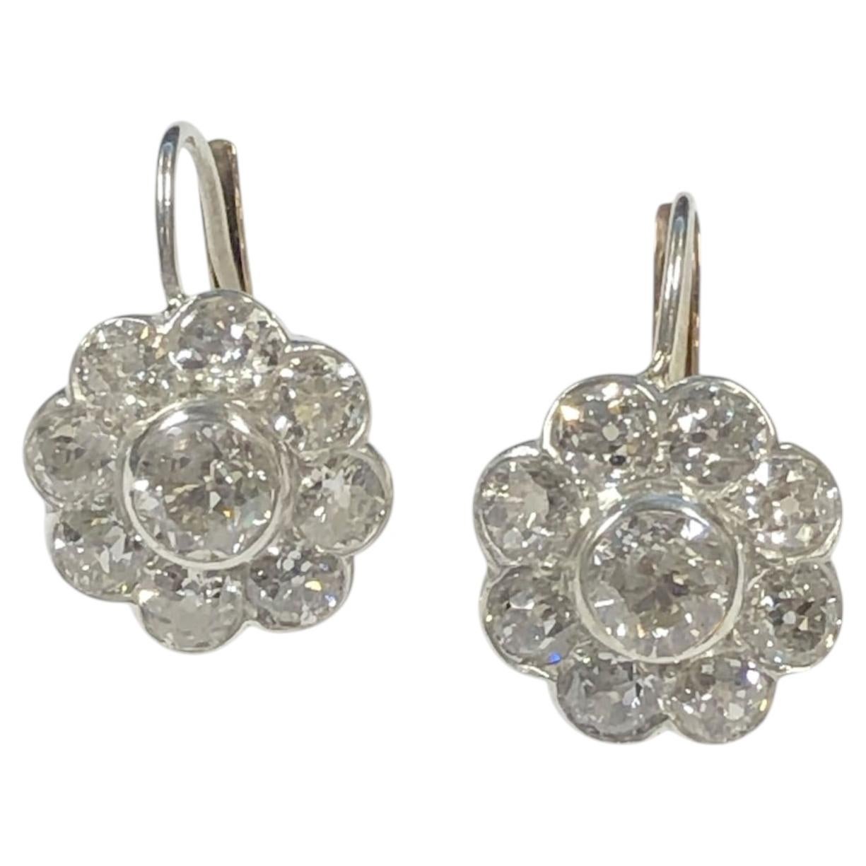 Antique Old cut Diamond Platinum top and Gold Cluster Earrings