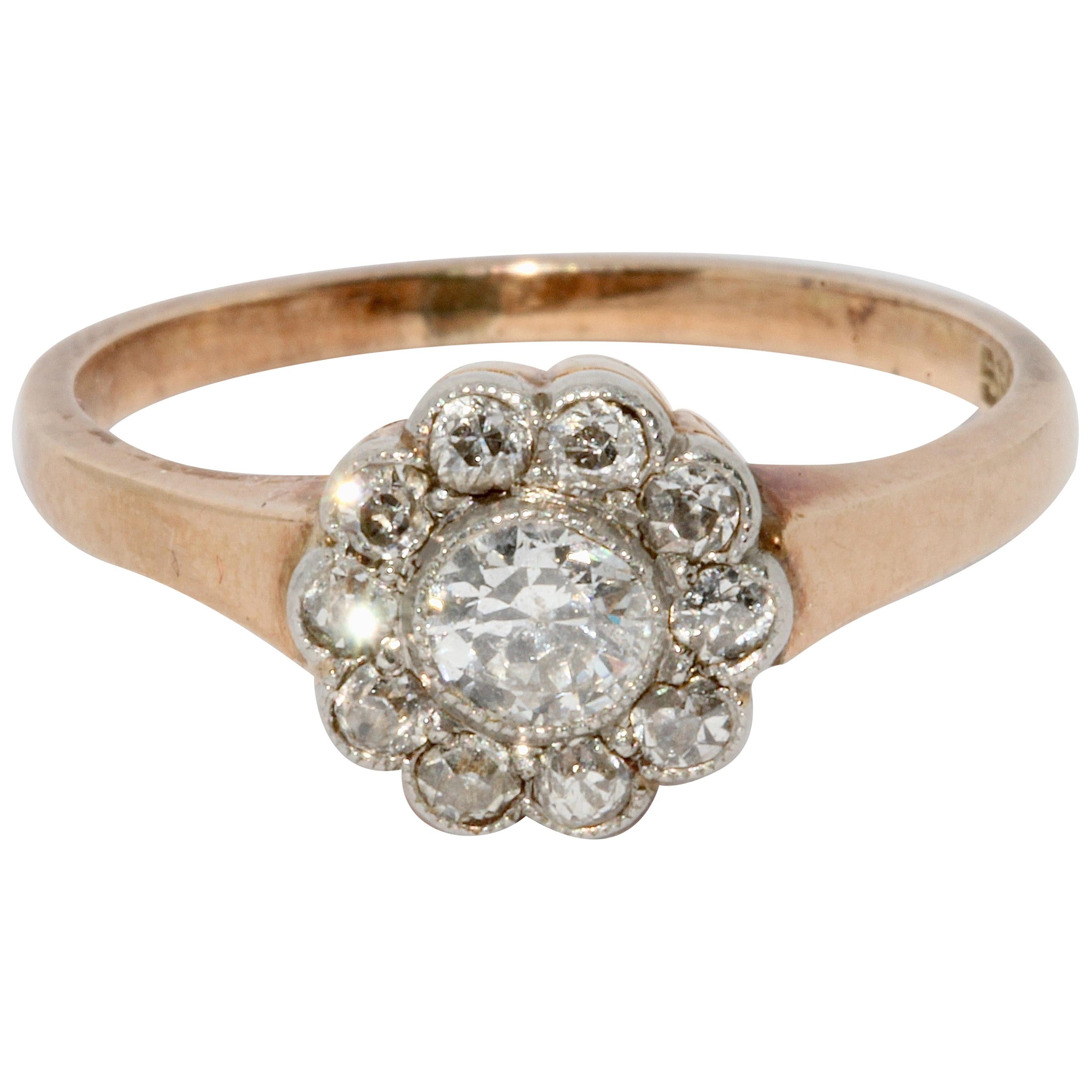 Antique Old Cut Diamond Ring, 14 Karat Gold, Art Nouveau