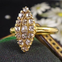 Antique Victorian Old Cut Diamond Ring in Marquise Shape, 18ct Yellow Gold