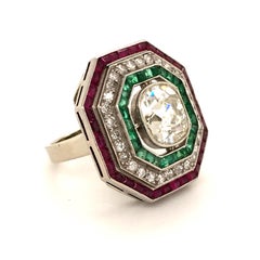 Antique Old Cut Diamond Ring in Platinum 950 with Emeralds and Rubies