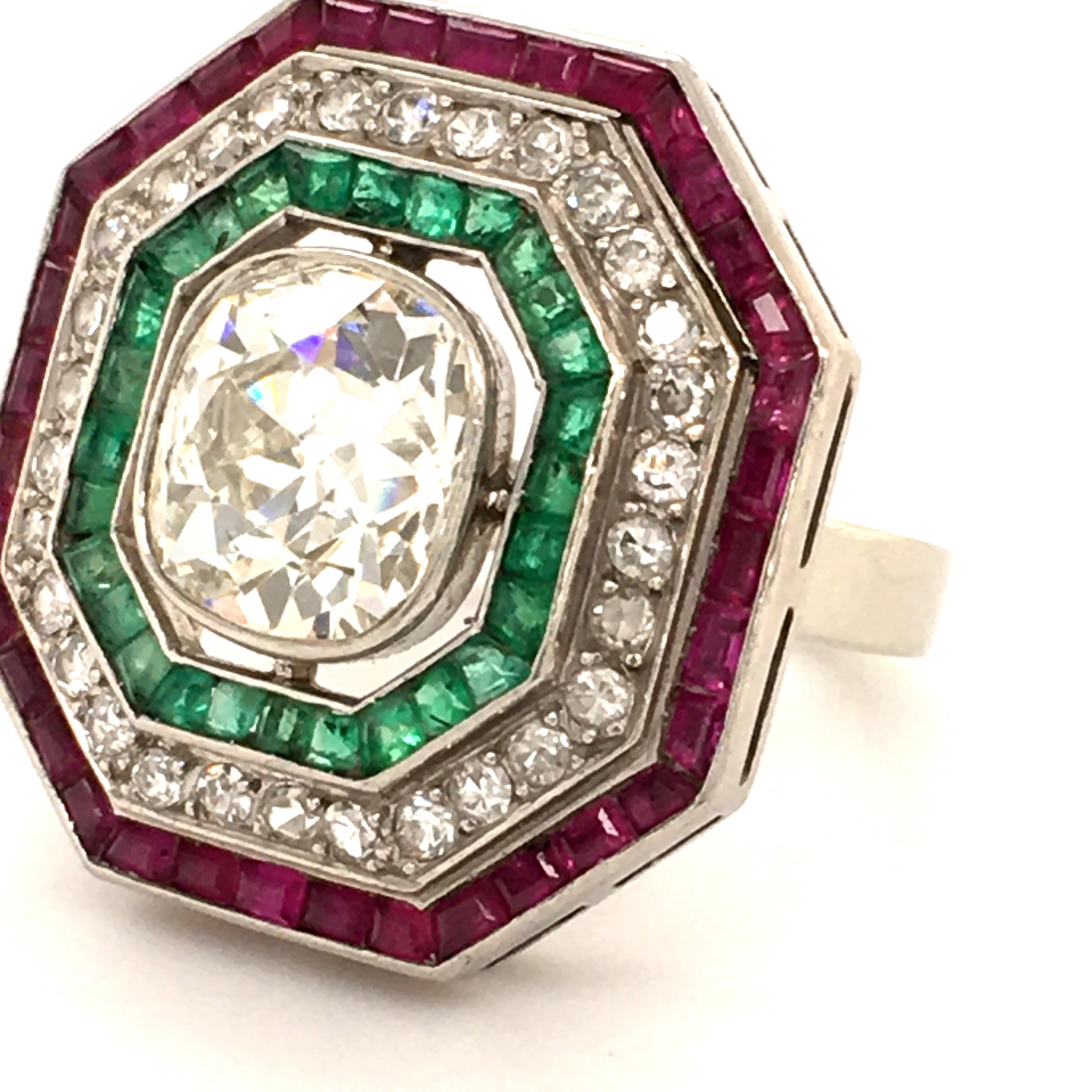 Art Deco Antique Old Cut Diamond Ring in Platinum 950 with Emeralds and Rubies