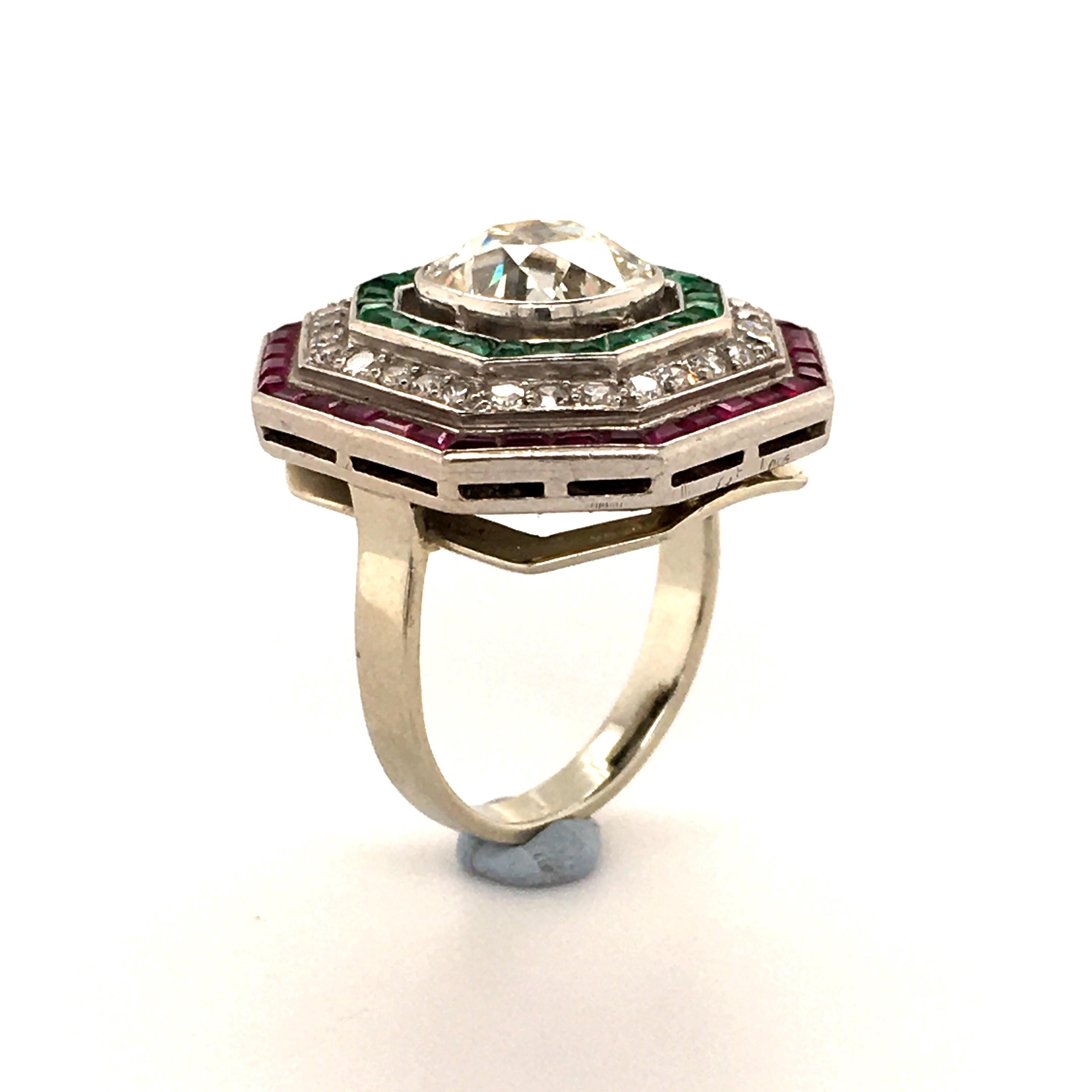 Old Mine Cut Antique Old Cut Diamond Ring in Platinum 950 with Emeralds and Rubies