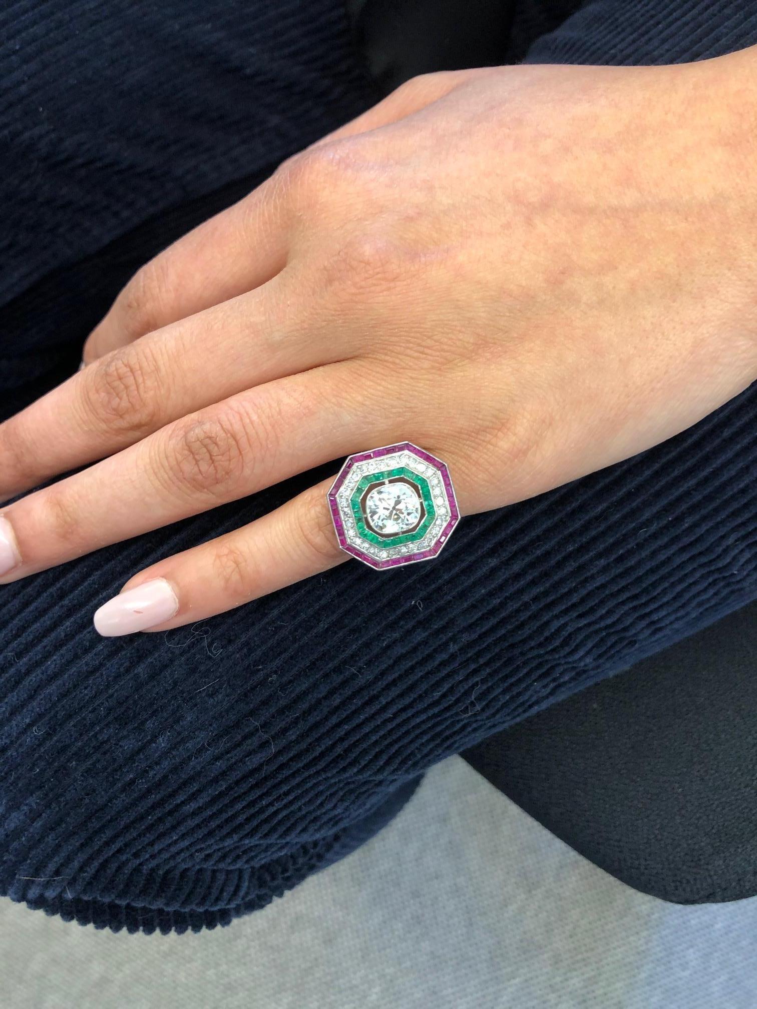 Women's or Men's Antique Old Cut Diamond Ring in Platinum 950 with Emeralds and Rubies
