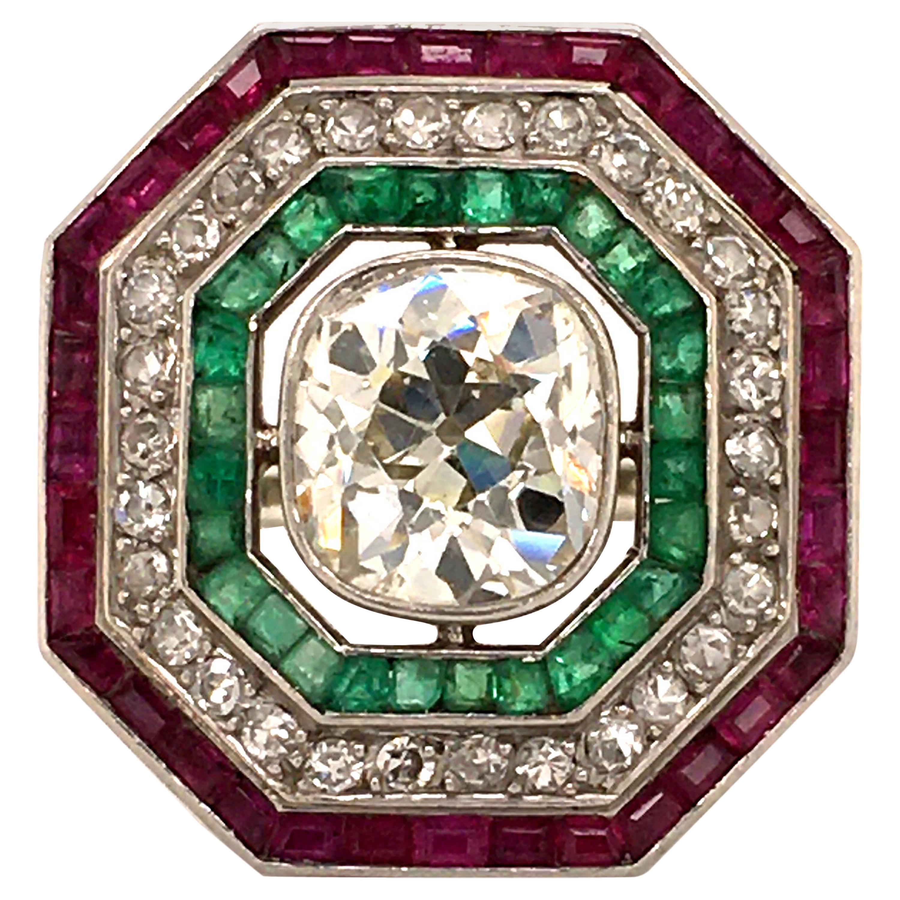Antique Old Cut Diamond Ring in Platinum 950 with Emeralds and Rubies