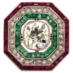 Antique Old Cut Diamond Ring in Platinum 950 with Emeralds and Rubies