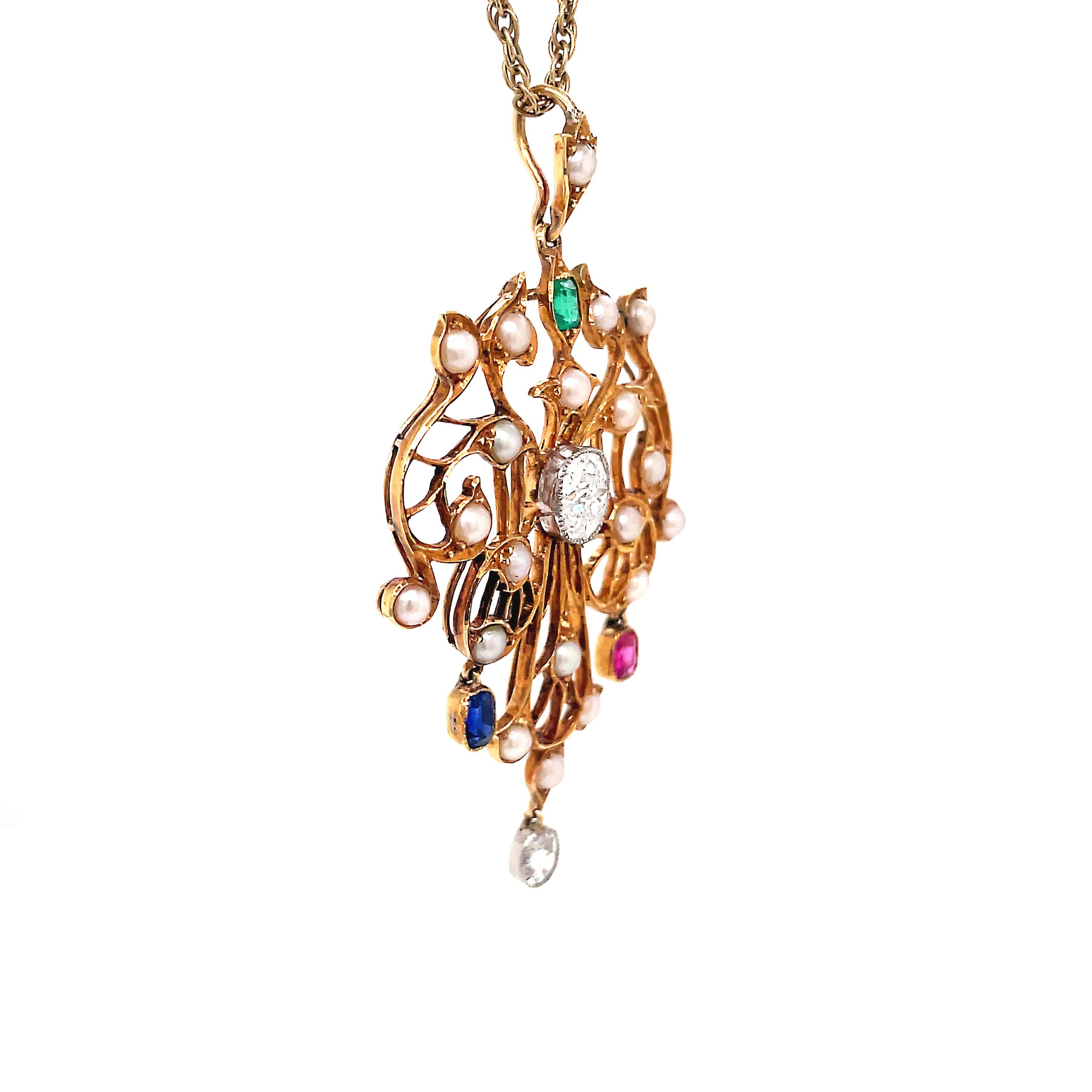 Antiguo Colgante de Oro de 15 ct con Diamante talla antigua, Rubí, Zafiro, Esmeralda y Perla Victoriano tardío