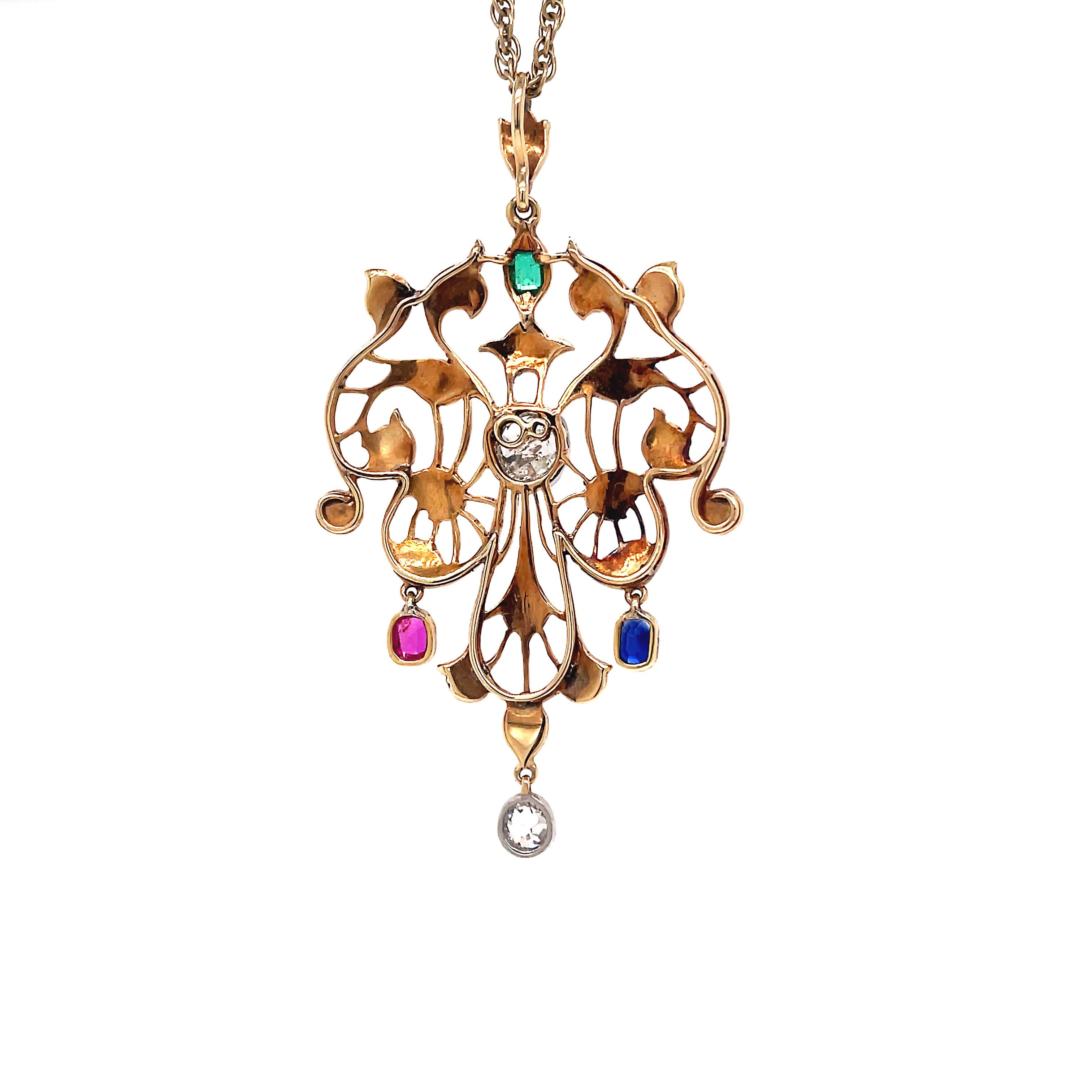 Antiguo Colgante de Oro de 15 ct con Diamante talla antigua, Rubí, Zafiro, Esmeralda y Perla Talla antigua