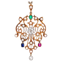 Antique Old Cut Diamond, Ruby, Sapphire, Emerald and Pearl 15ct Gold Pendant