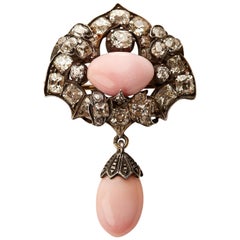 Antique Late 19th Century Old Cut Diamonds and Natural Conch Pearl Brooch Pink