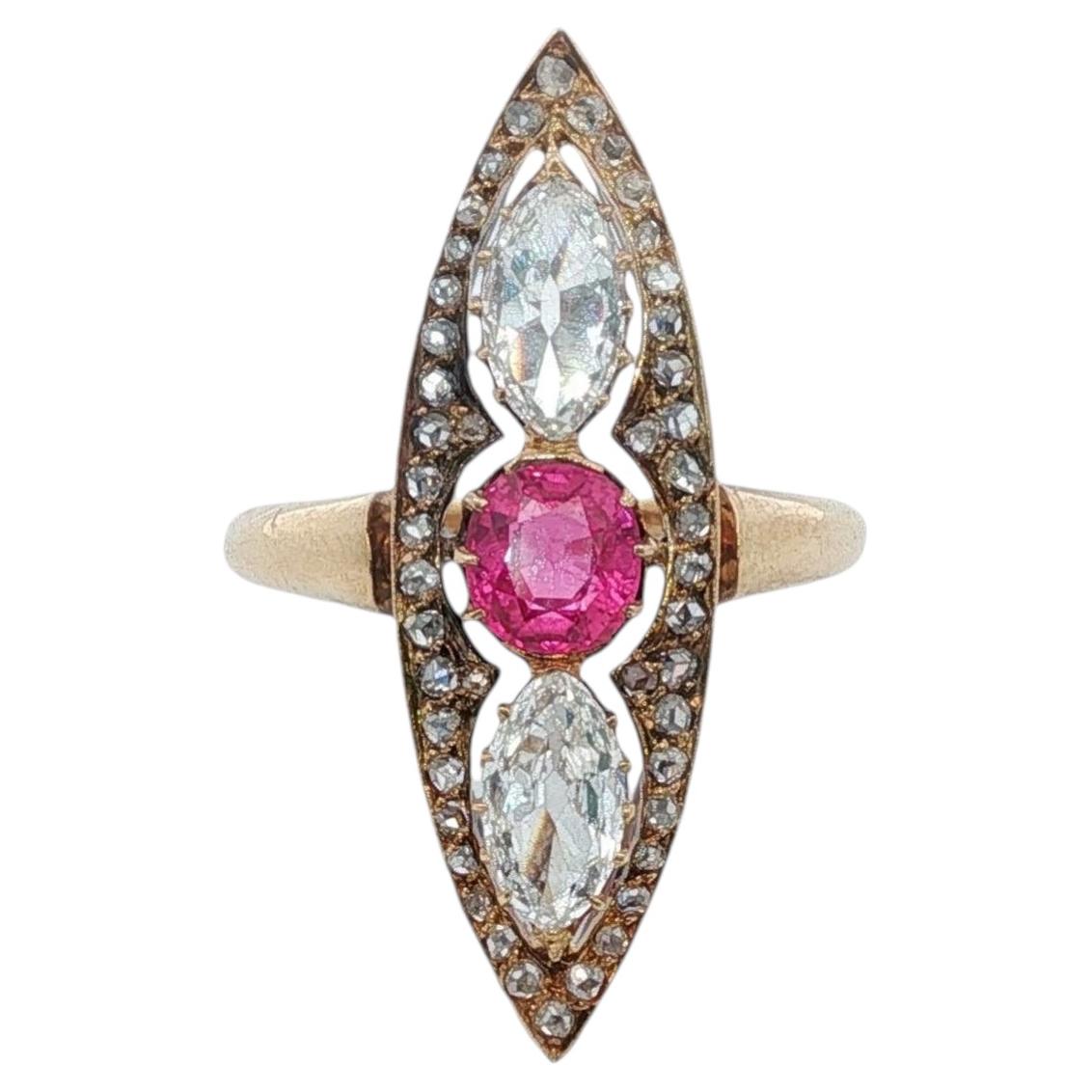 Antique Old Cut Marquise Diamond Pink Sapphire Navette 18KYG Ring