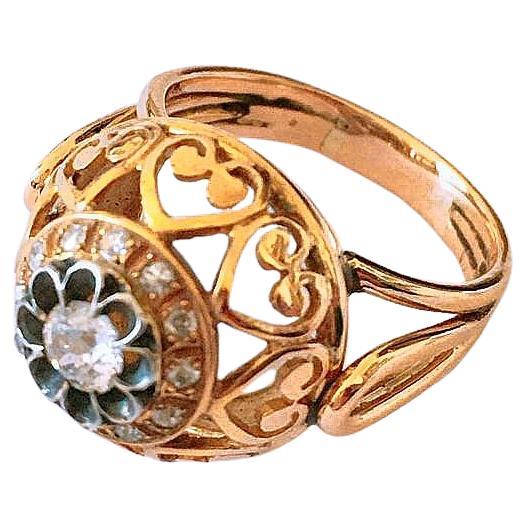 Antiker 14k Goldring in offener Arbeit Stil mit 1 alten Mine geschliffenen Diamanten Schätzung Gewicht von 0,30 ct und Ringkopf Durchmesser 15mm mit insgesamt Gold Gewicht 9 Gramm zentriert