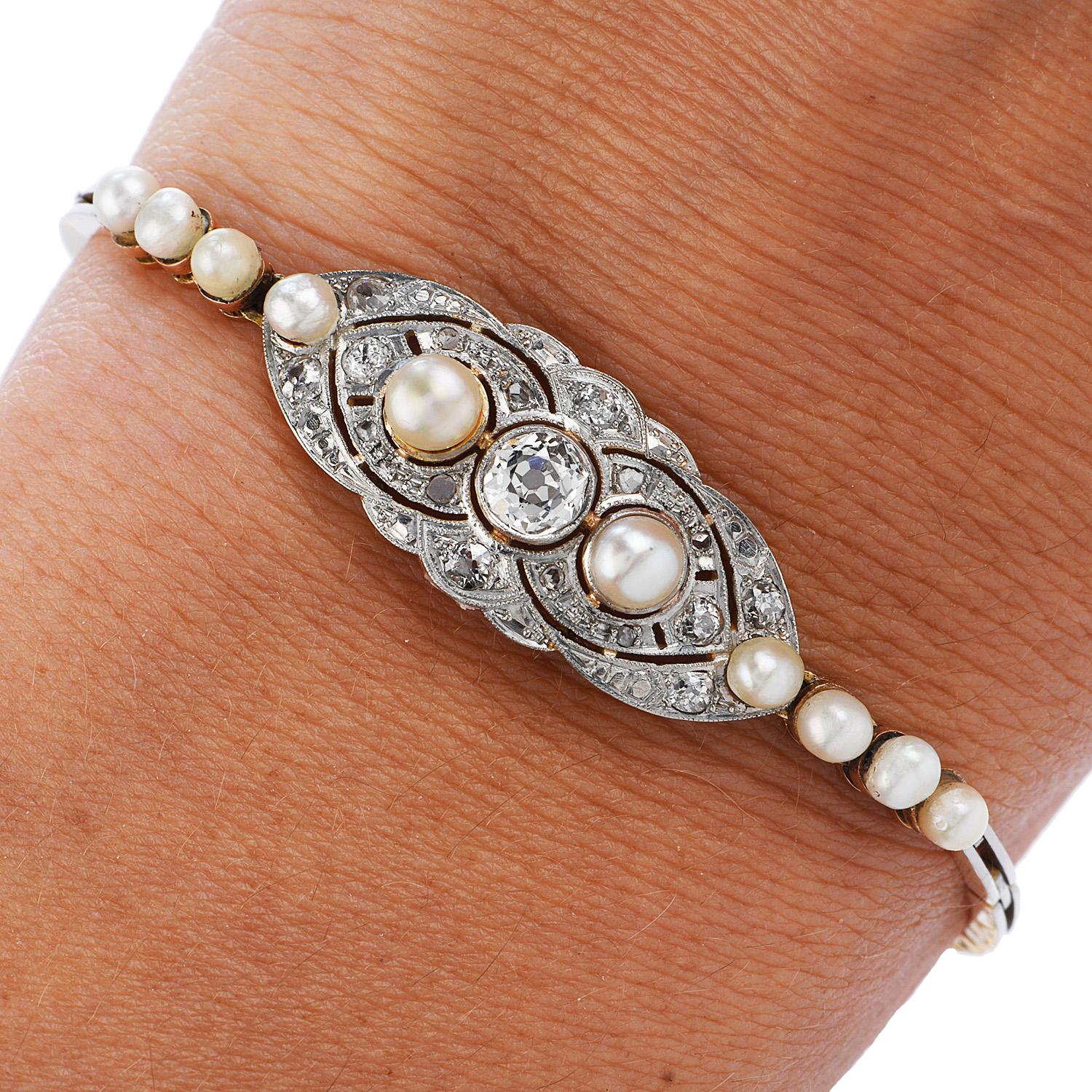 Antique Old Diamond Pearl 18K Gold Platinum Floral Link Bracelet In Excellent Condition In Miami, FL