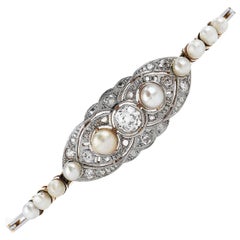 Antique Old Diamond Pearl 18K Gold Platinum Floral Link Bracelet