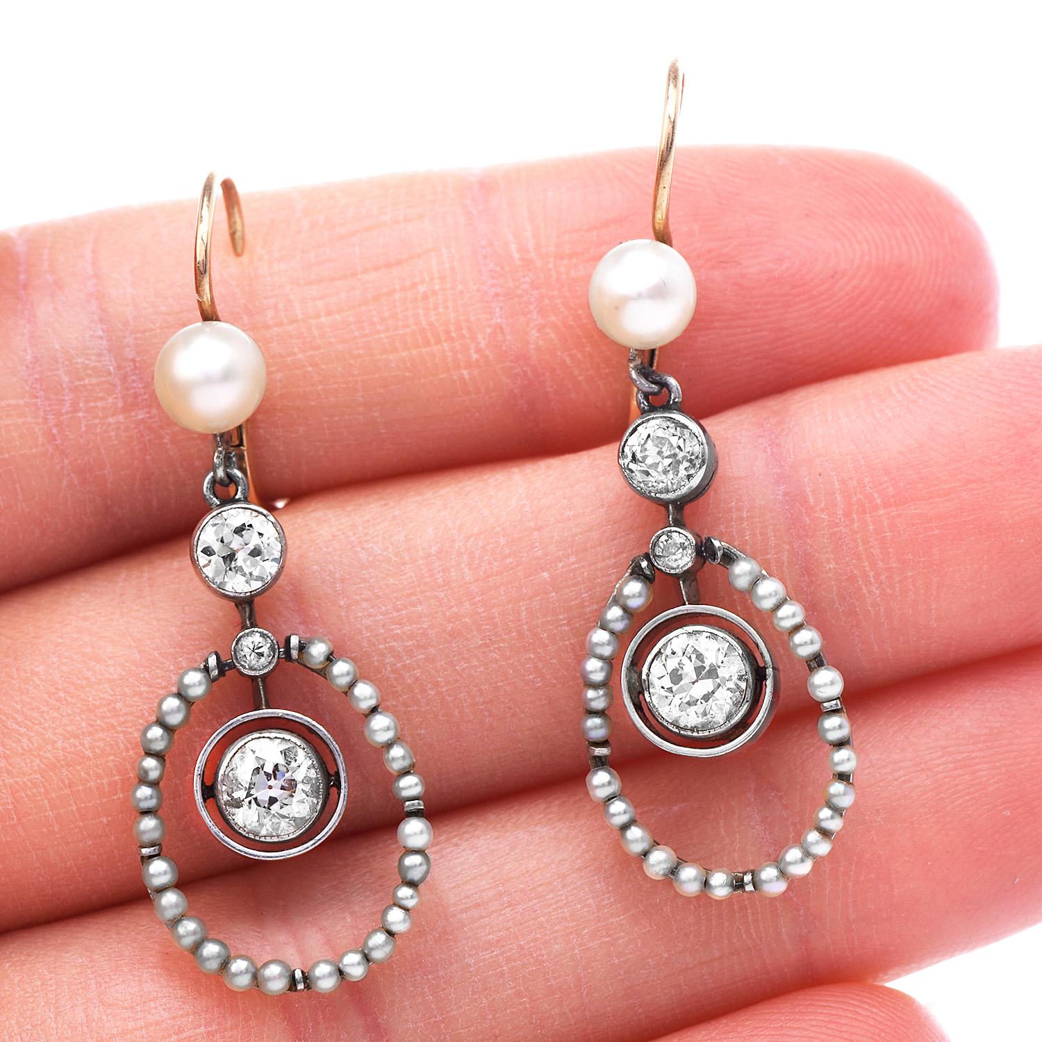 Antique Old Diamond Pearl 18K Rose White Gold Victorian Halo Dangle Drop Earring In Excellent Condition In Miami, FL