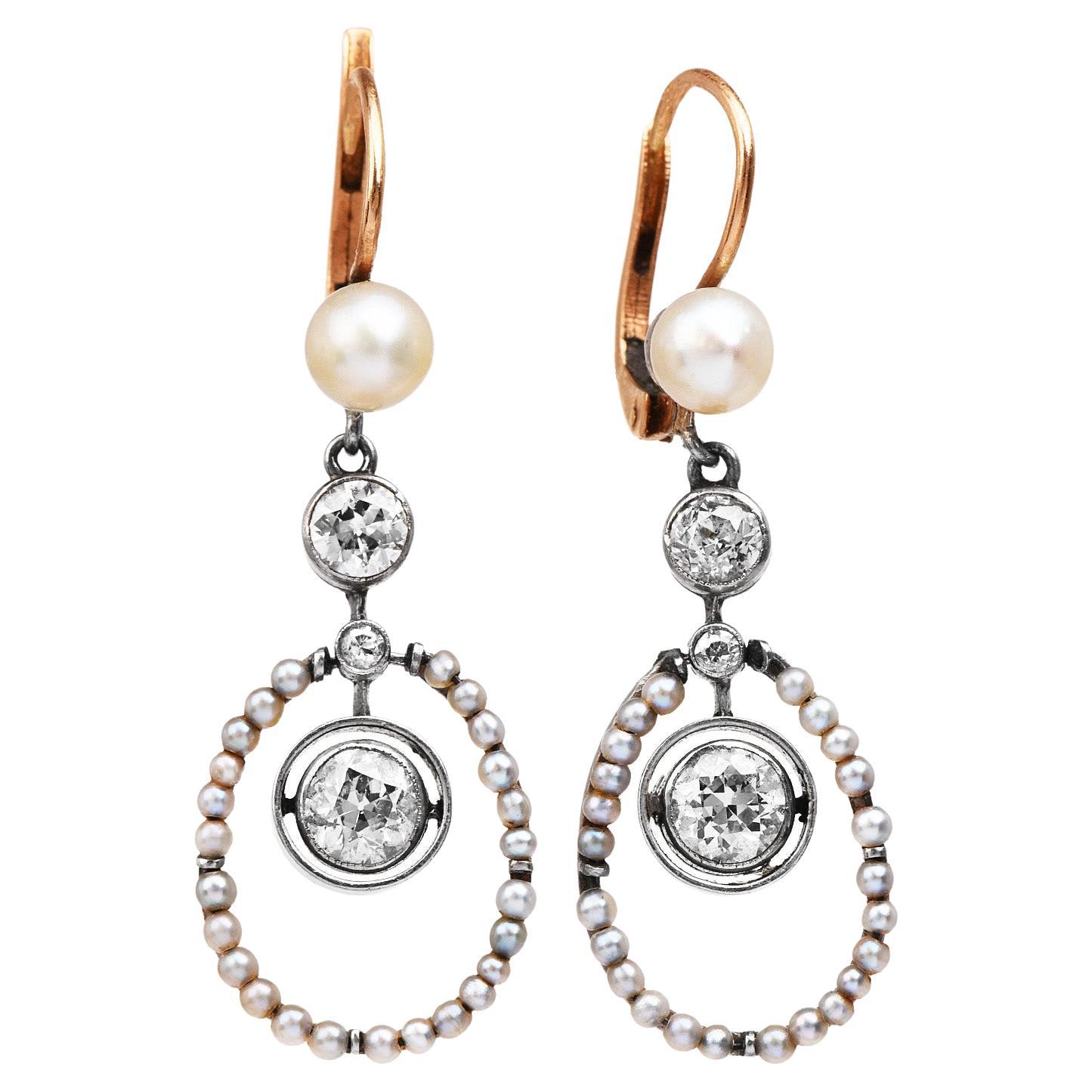 Antique Old Diamond Pearl 18K Rose White Gold Victorian Halo Dangle Drop Earring