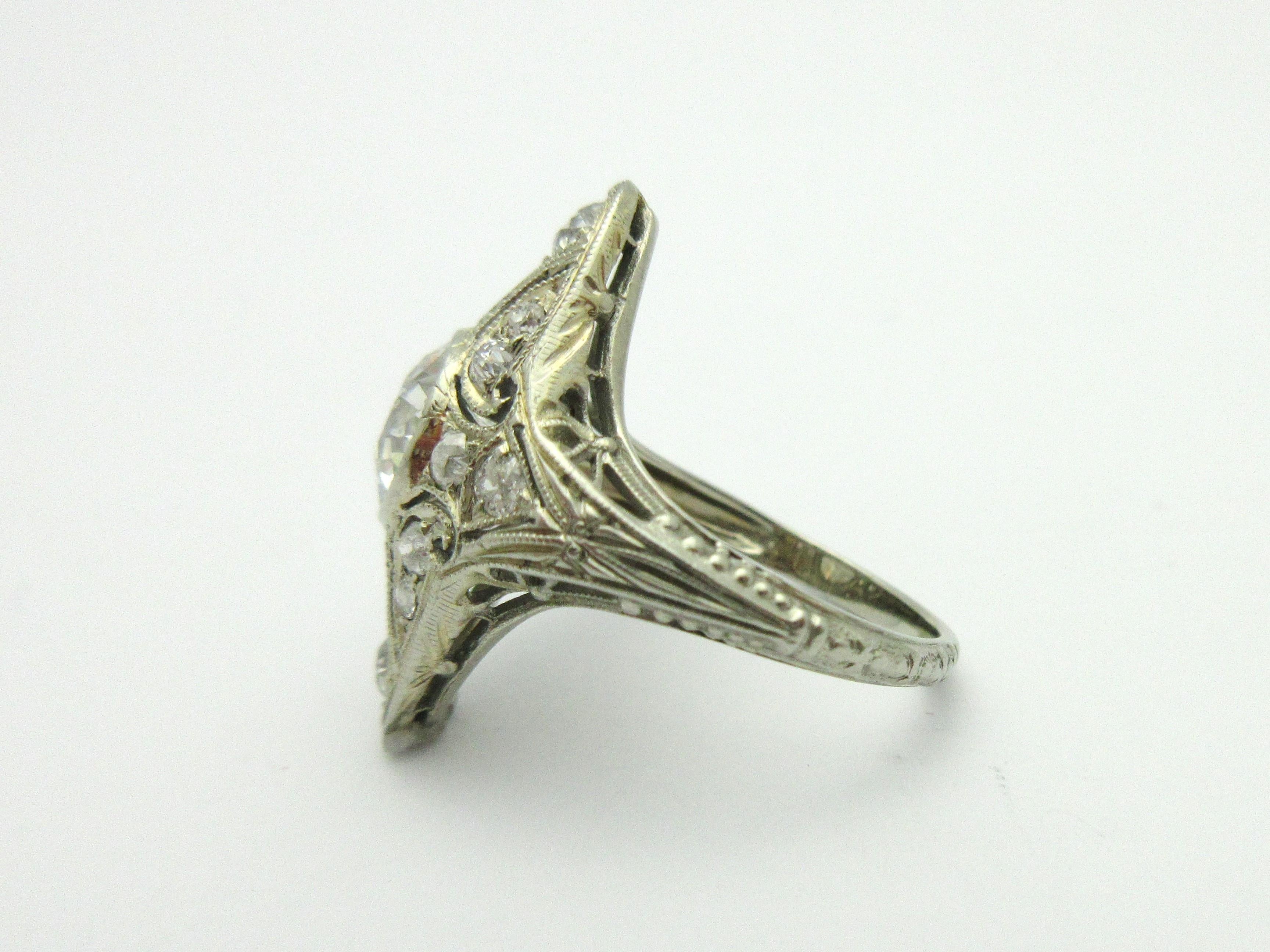 Art Nouveau Antique Old European and Old Mine Cut Diamond Milgrain Shield Ring