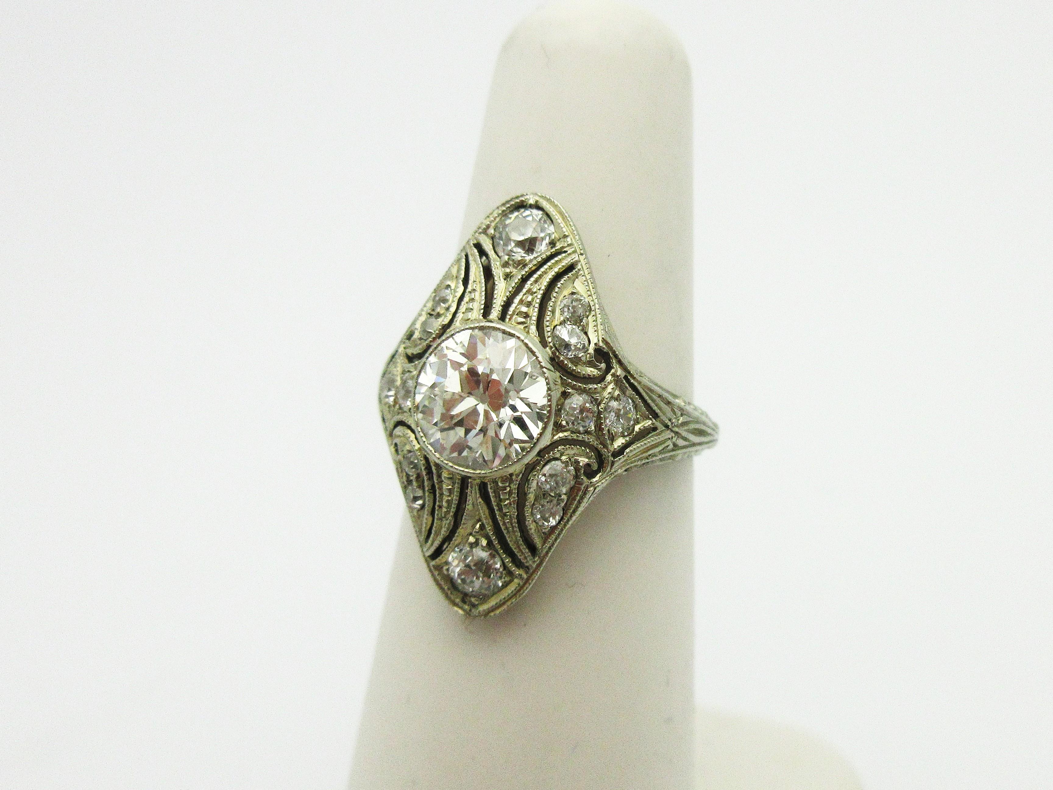 Antique Old European and Old Mine Cut Diamond Milgrain Shield Ring In Excellent Condition In Manchester, NH