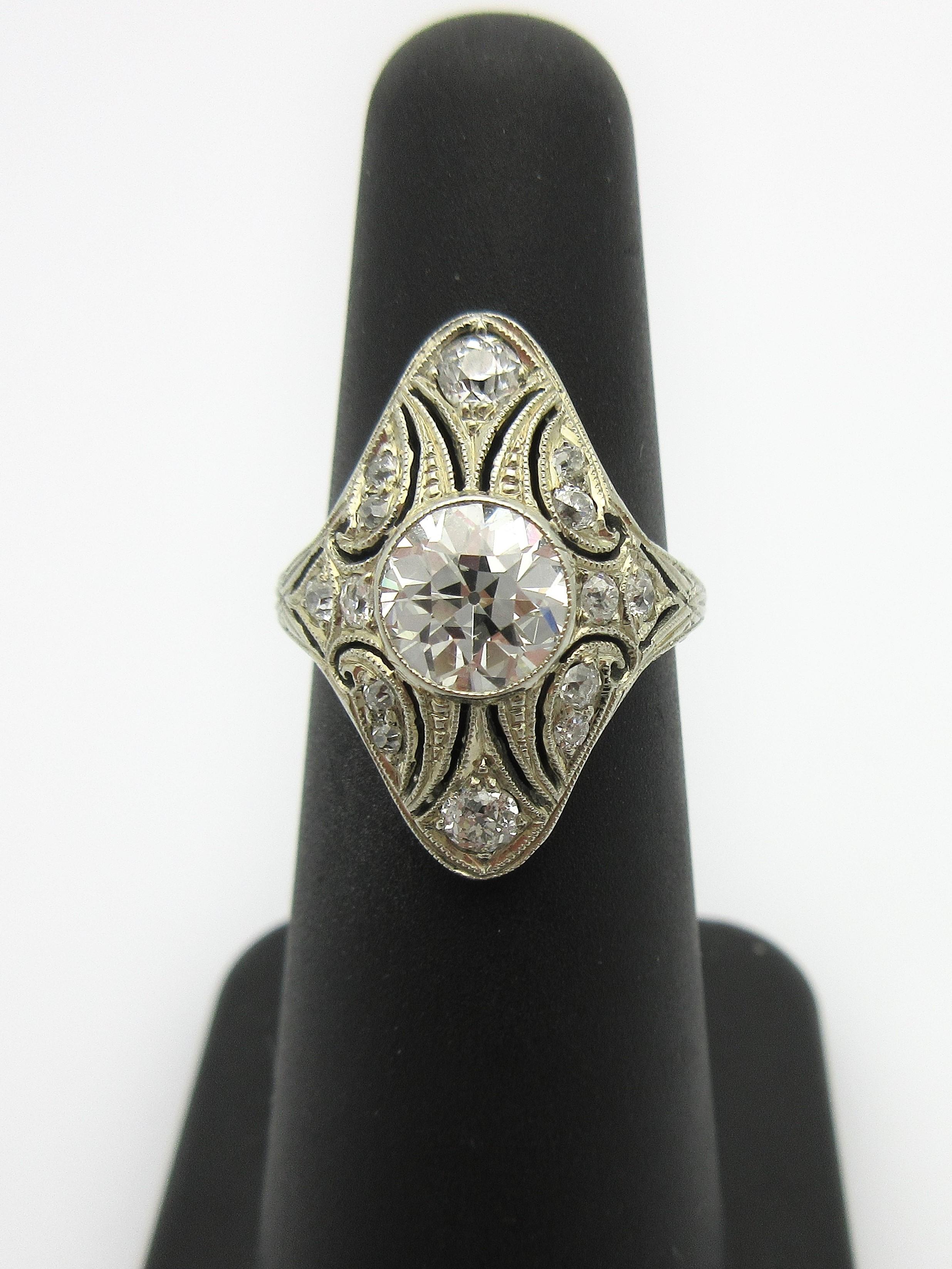 Women's or Men's Antique Old European and Old Mine Cut Diamond Milgrain Shield Ring