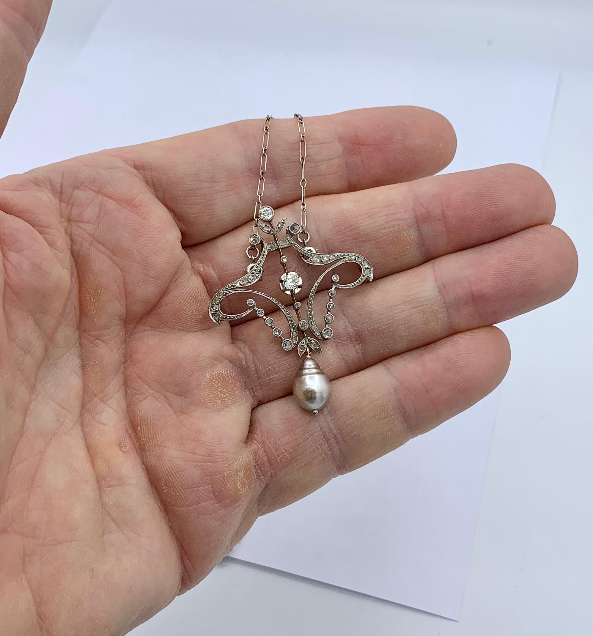 Antique Old European and Rose Cut Diamond Pearl Platinum Pendant Necklace 6