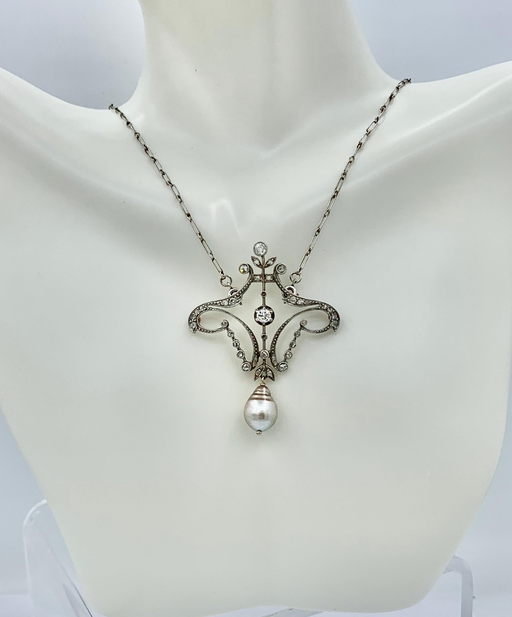 Victorian Antique Old European and Rose Cut Diamond Pearl Platinum Pendant Necklace