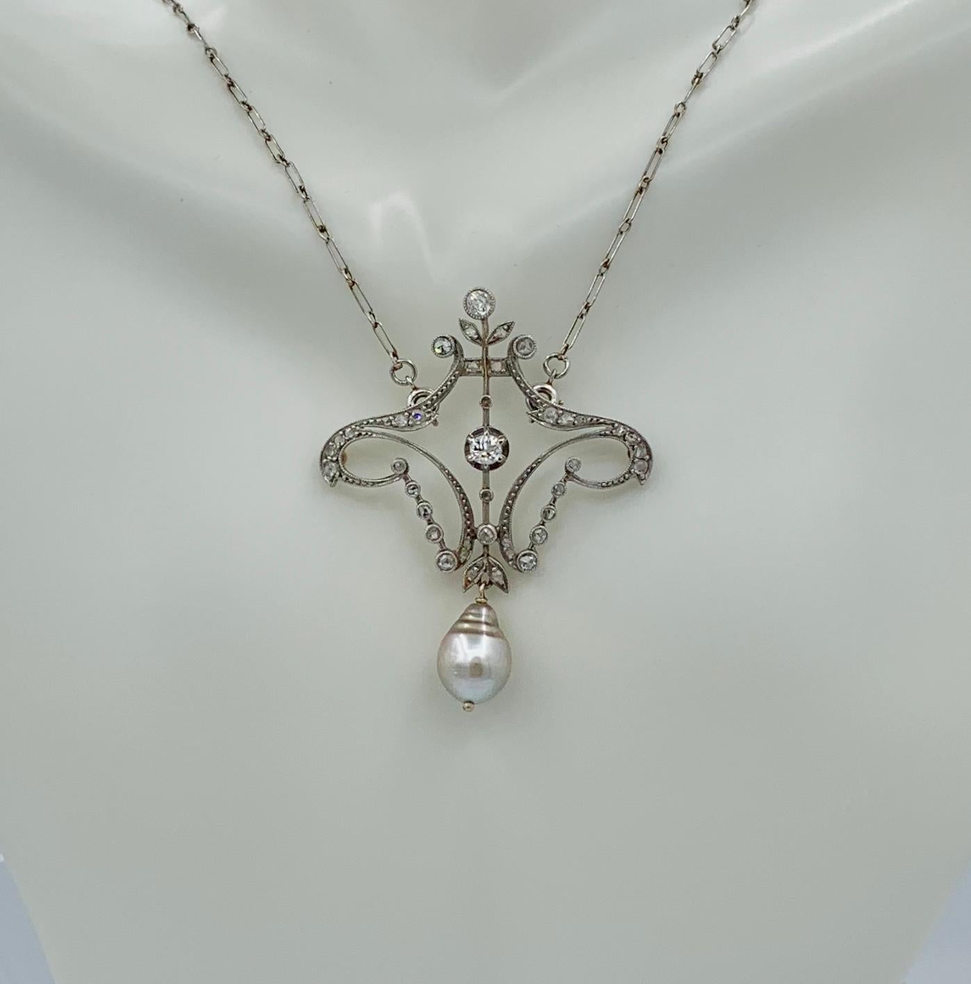 Women's Antique Old European and Rose Cut Diamond Pearl Platinum Pendant Necklace