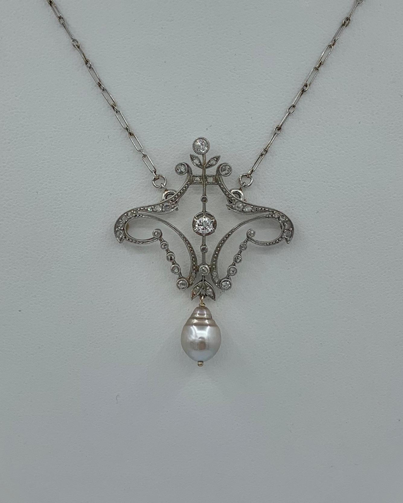 Antique Old European and Rose Cut Diamond Pearl Platinum Pendant Necklace 1