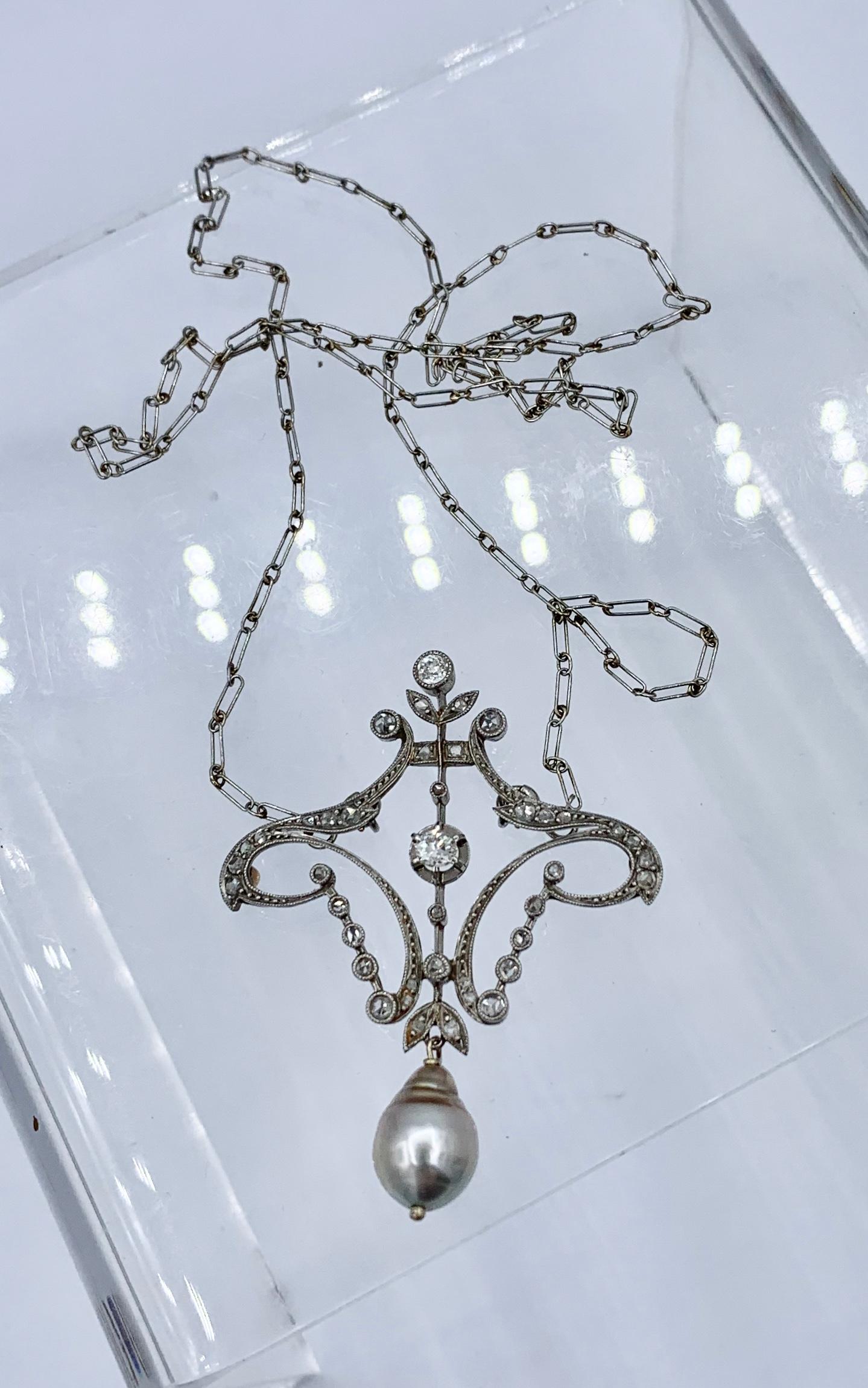 Antique Old European and Rose Cut Diamond Pearl Platinum Pendant Necklace 2