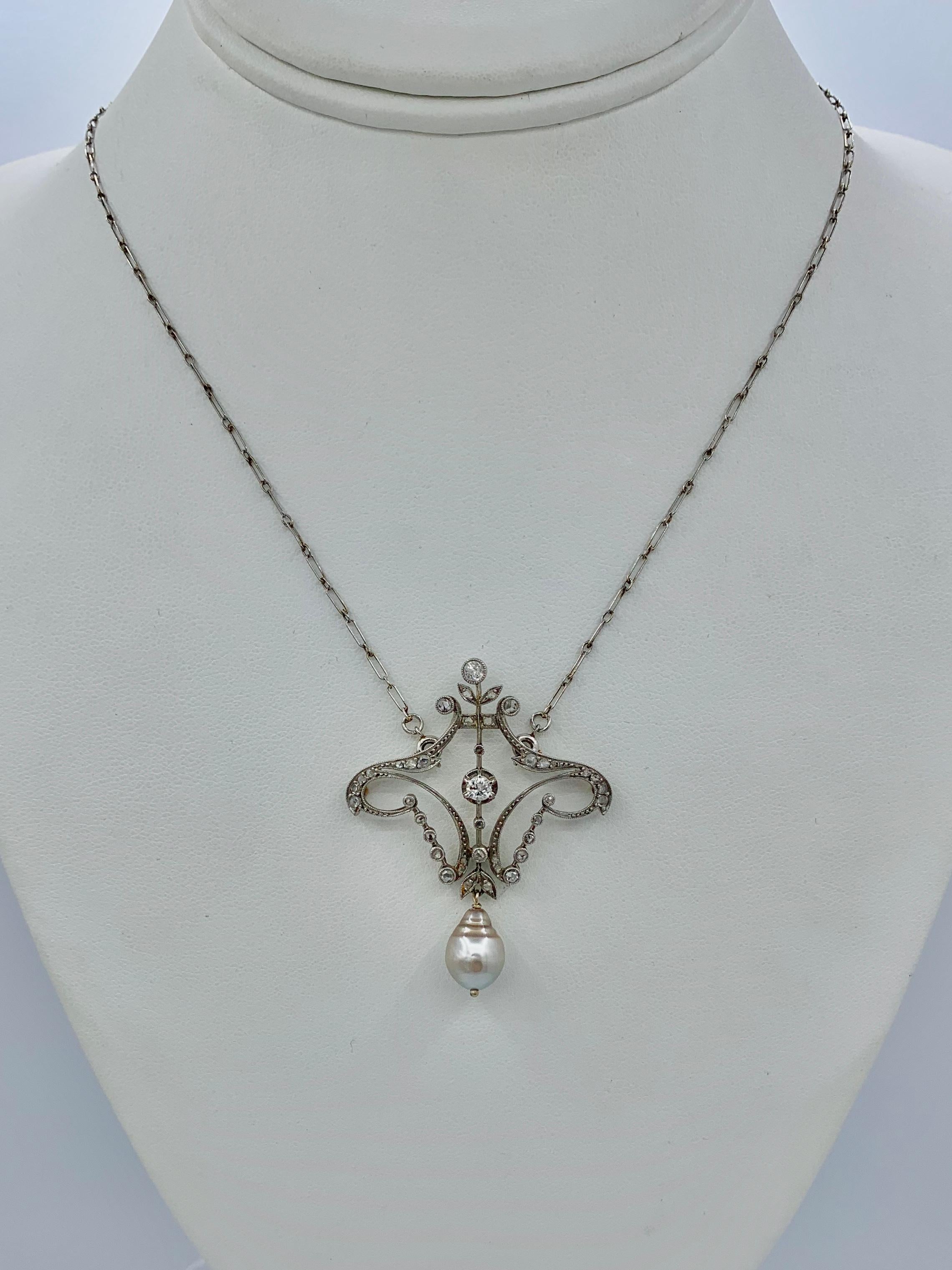 Antique Old European and Rose Cut Diamond Pearl Platinum Pendant Necklace 3