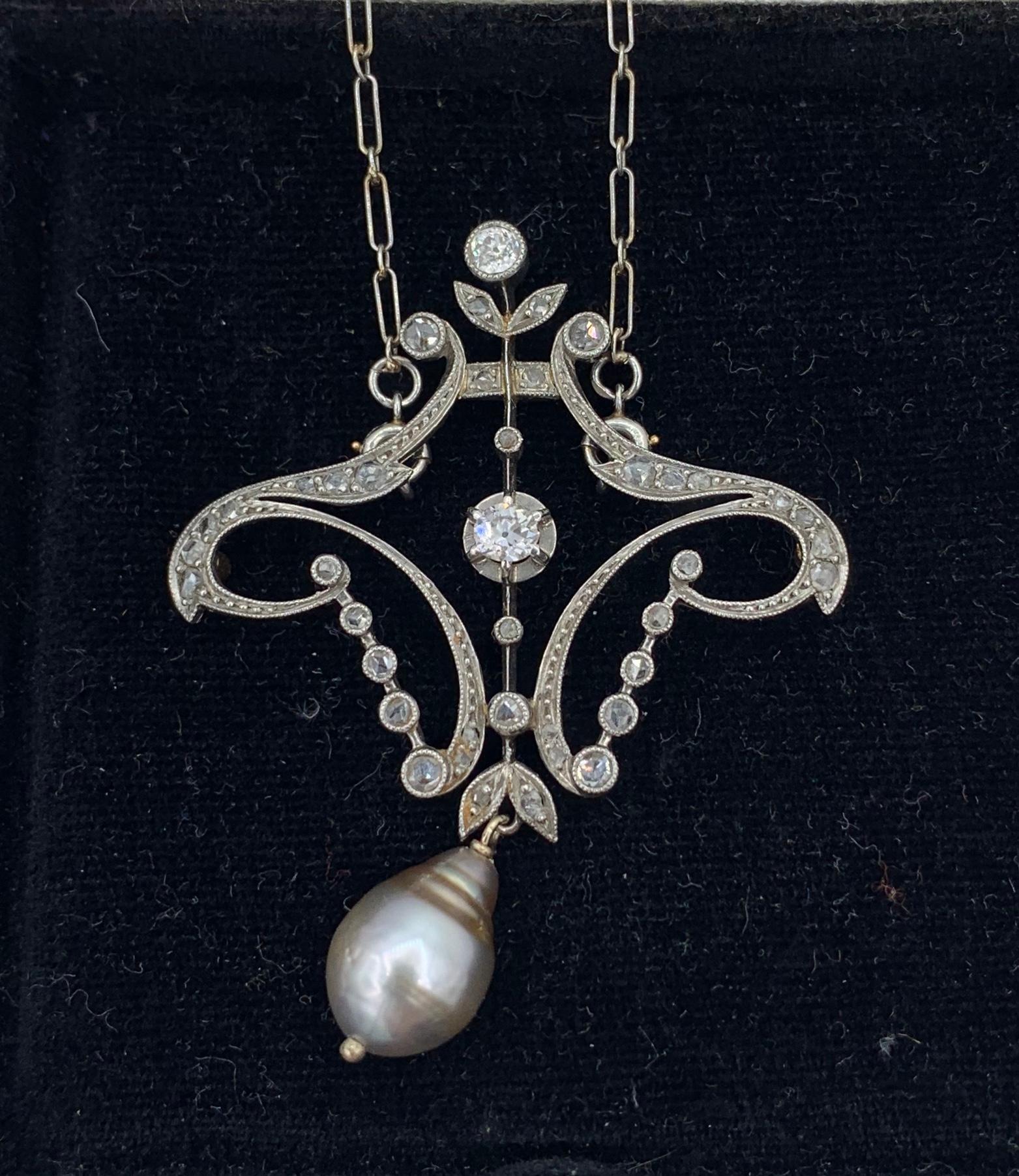 Antique Old European and Rose Cut Diamond Pearl Platinum Pendant Necklace 4