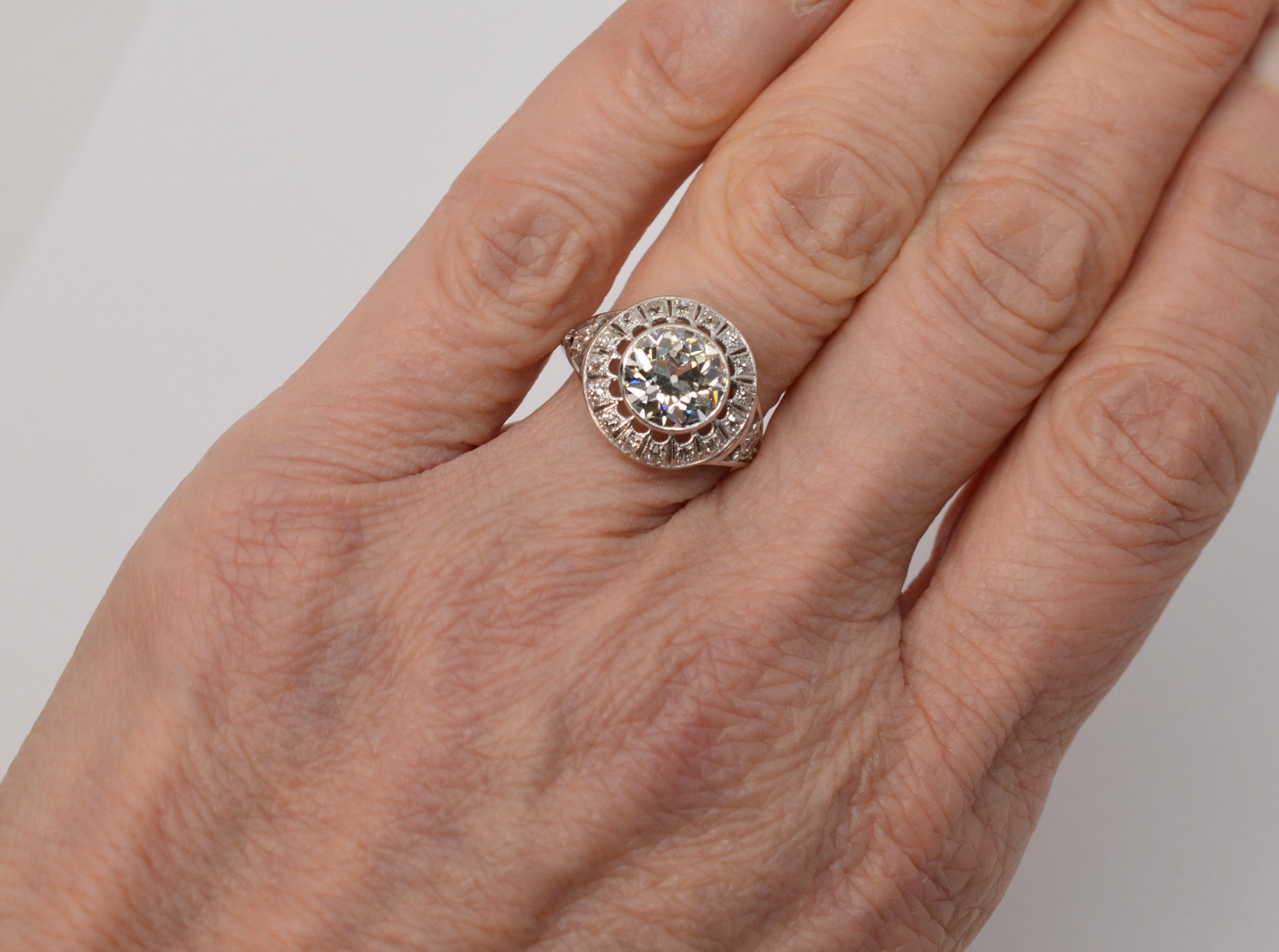 Antique European Cut 2.25 Carat Diamond Platinum Engagement Ring In Excellent Condition In Mount Kisco, NY