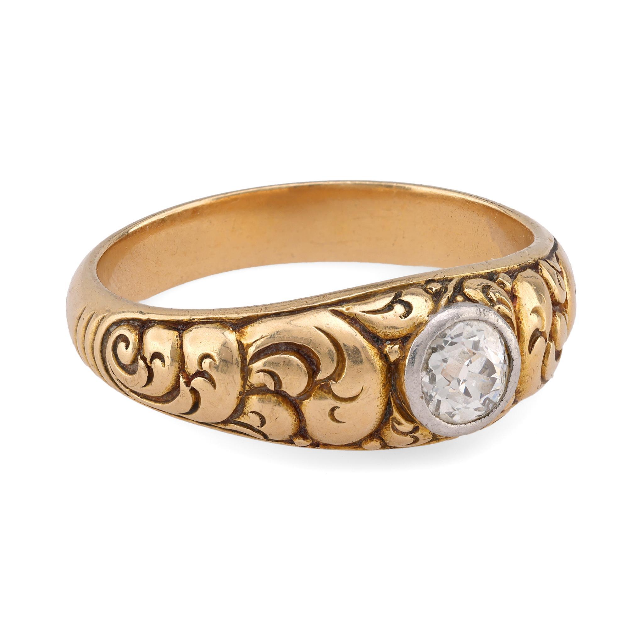 Antiker europäischer Diamant 14K Gelbgold Solitär Ring (Alteuropäischer Schliff)