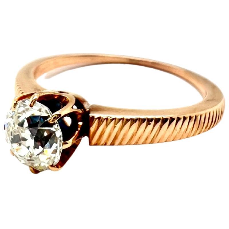 Women's or Men's Antique Old European Cut Diamond 18 Karat Rose Gold Solitaire Ring
