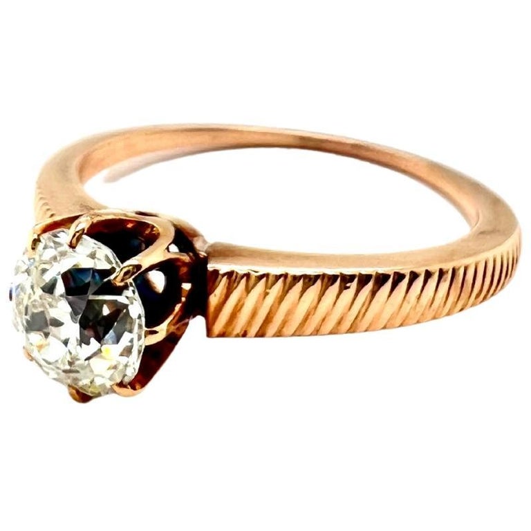 Women's or Men's Antique Old European Cut Diamond 18 Karat Rose Gold Solitaire Ring For Sale