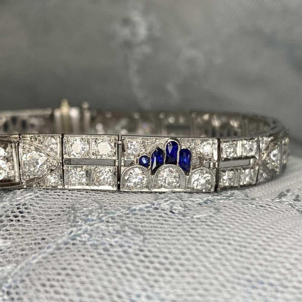 Women's Antique Old European Cut Diamond and Natural Blue Sapphire Bracelet, Platinum For Sale