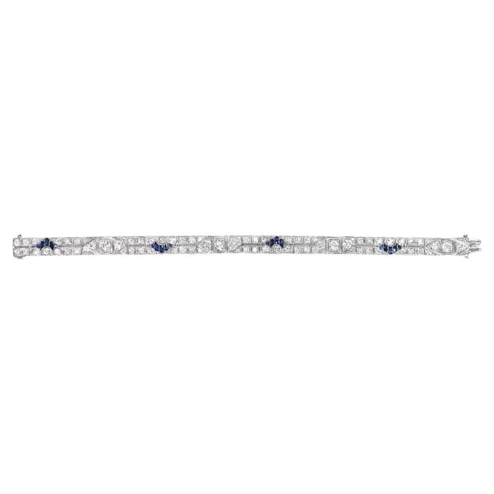Bracelet ancien en platine, diamant taille vieille Europe et saphir bleu naturel