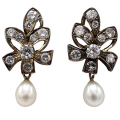 Antique Old European Cut Diamond and Pearl Drop Earrings