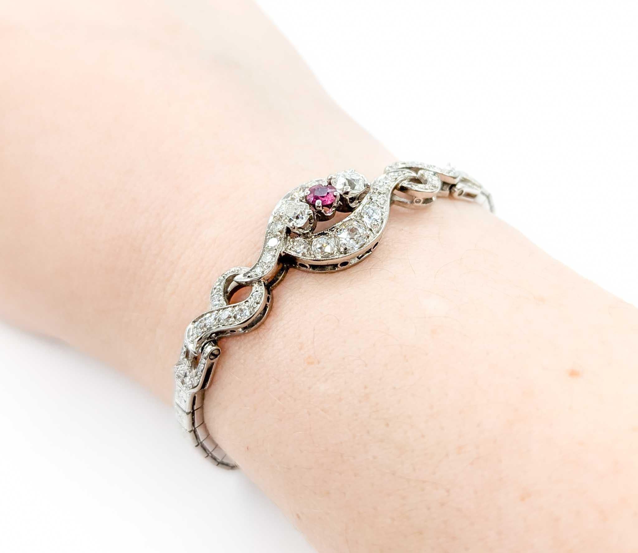 Antikes Diamant- und Rubinarmband mit altem europäischem Schliff aus 14k Weißgold (Retro)