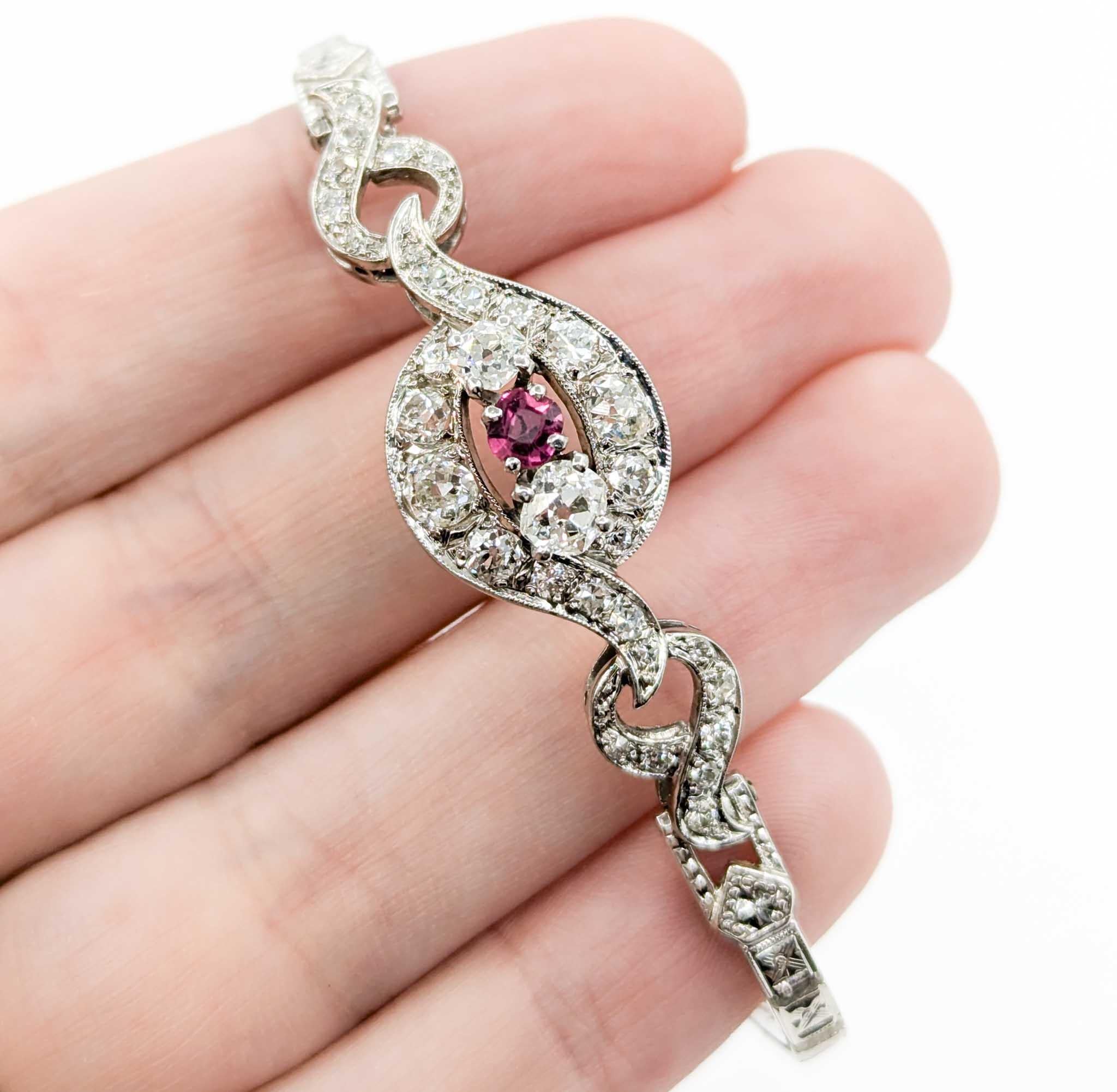Antikes Diamant- und Rubinarmband mit altem europäischem Schliff aus 14k Weißgold im Zustand „Hervorragend“ in Bloomington, MN