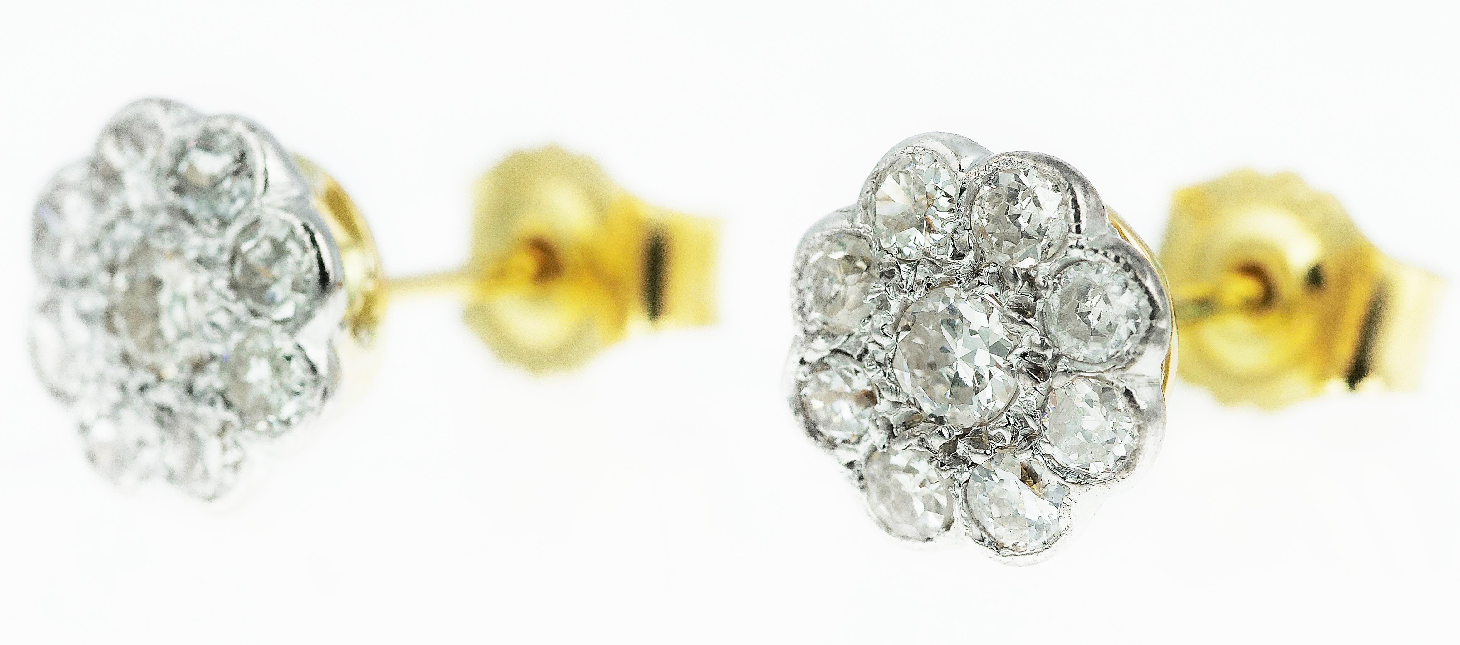 Round Cut Antique Old European Cut Diamond Cluster Stud Earrings in 18 Karat Gold