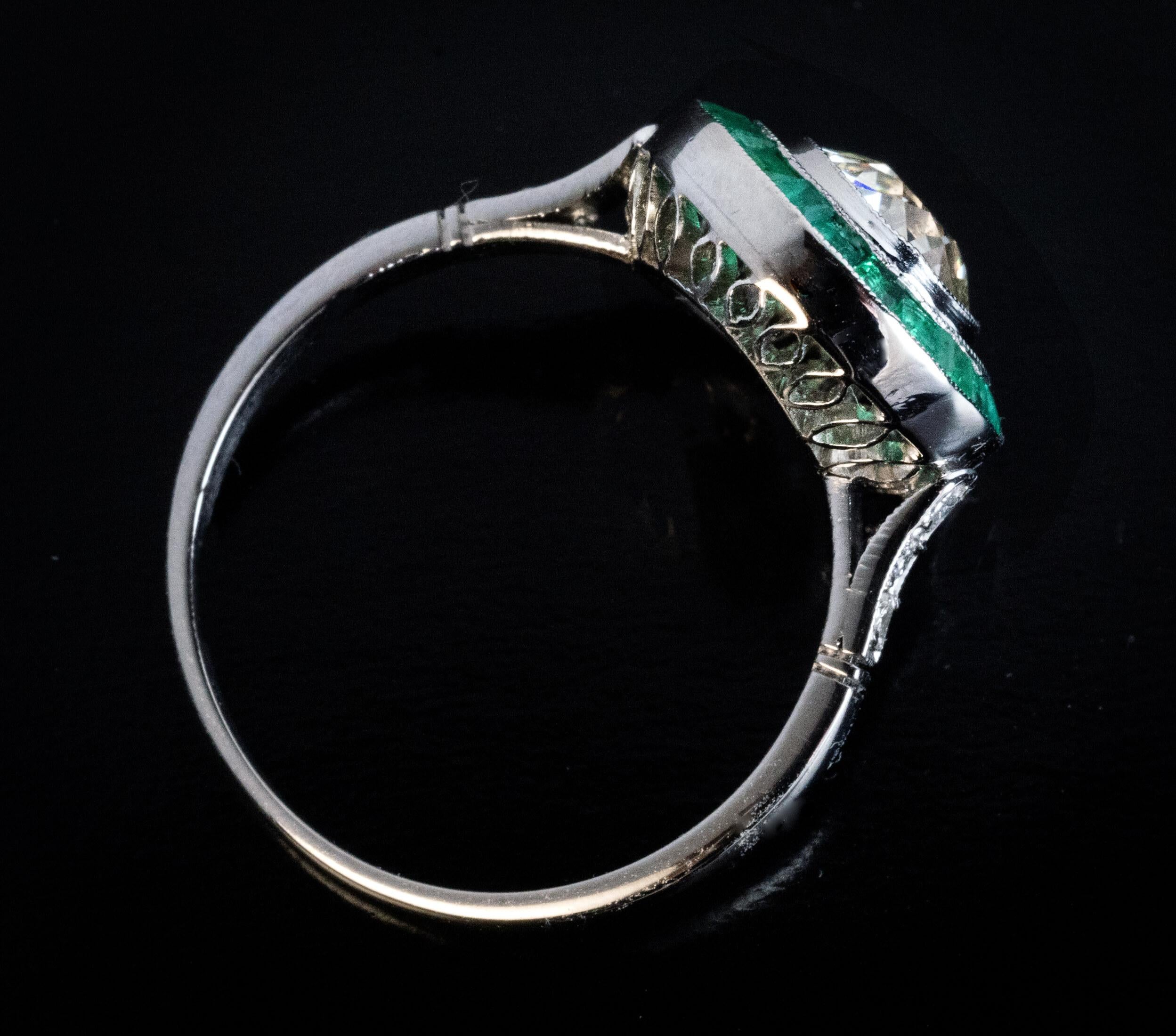Antique Old European Cut Diamond Emerald Ring For Sale 1