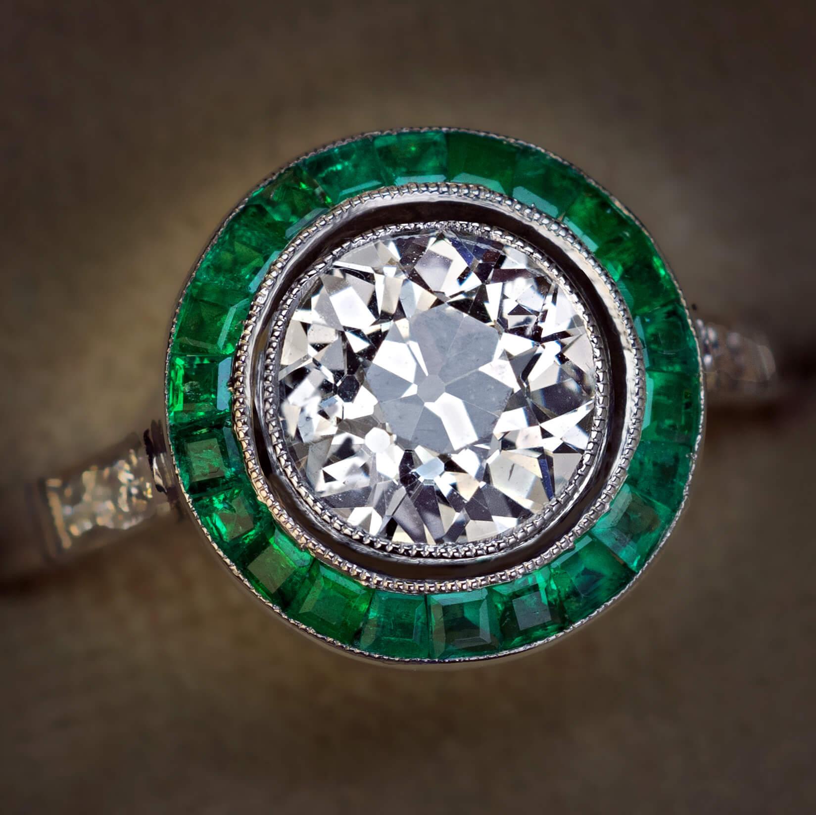 Antique Old European Cut Diamond Emerald Ring For Sale 2
