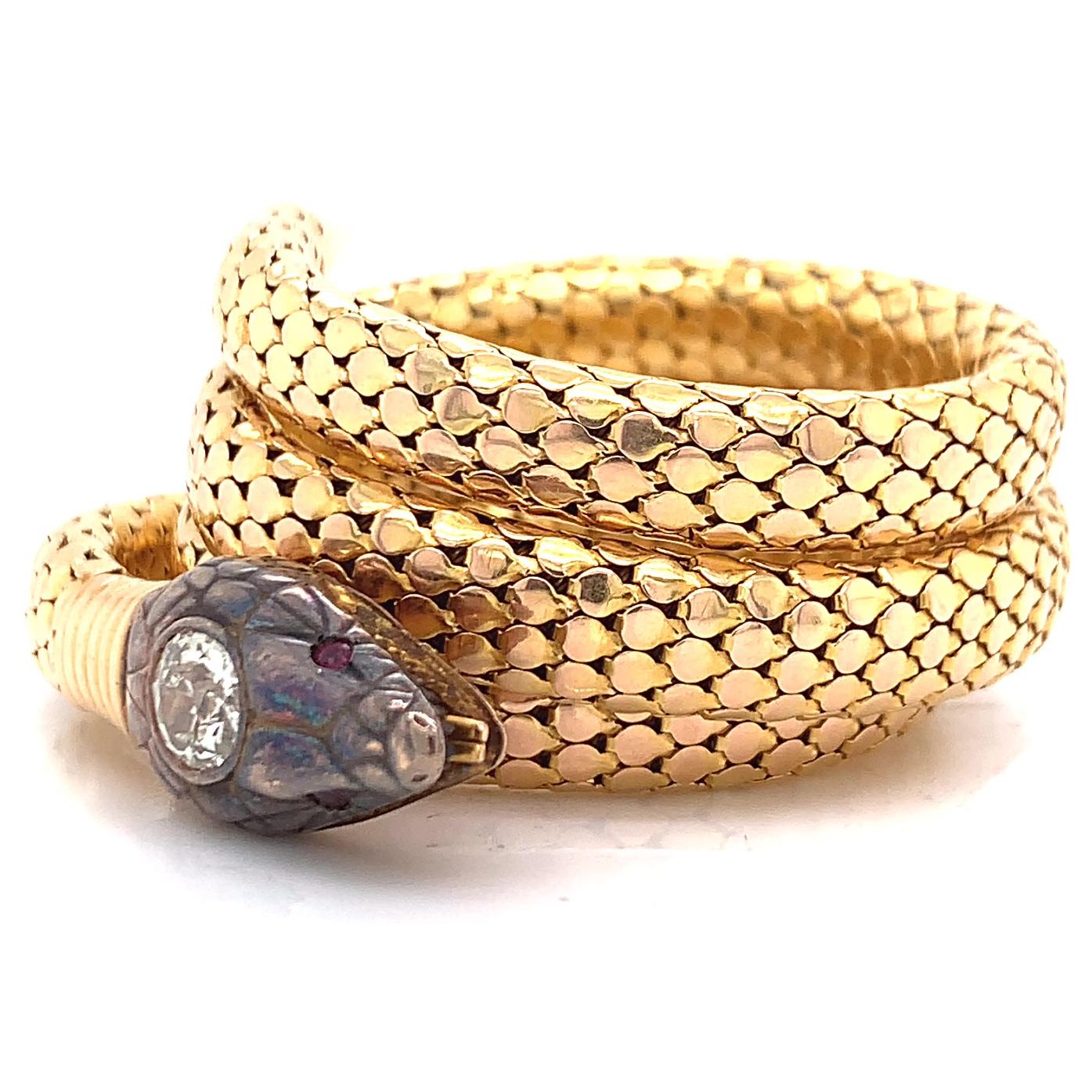 Women's or Men's Antique Old European Cut Diamond Gold Snake Wrap Bracelet