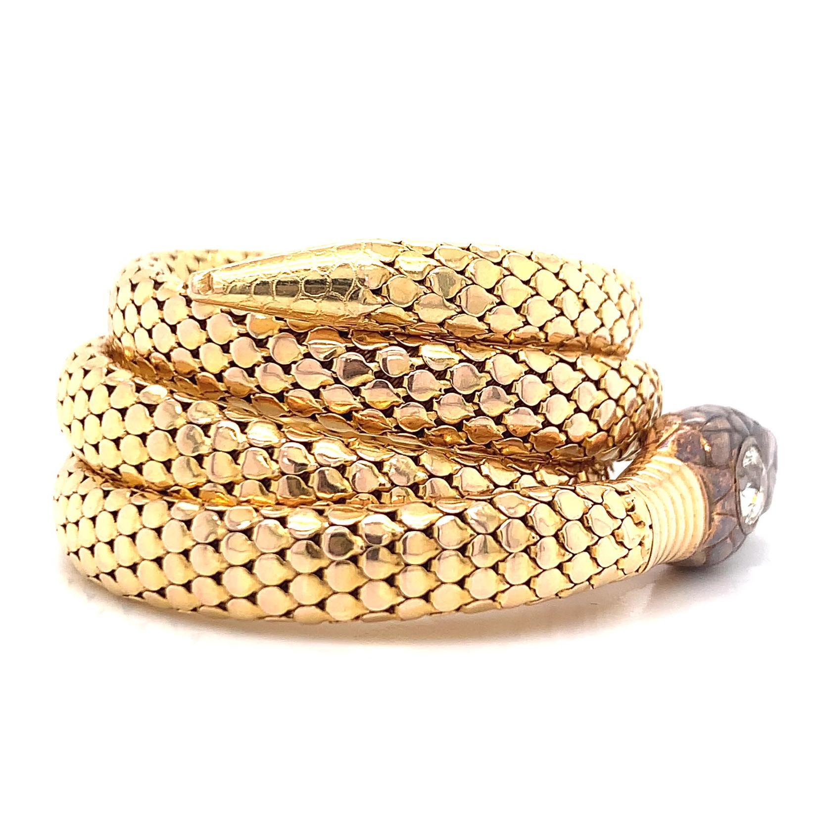 Antique Old European Cut Diamond Gold Snake Wrap Bracelet In Fair Condition In Beverly Hills, CA