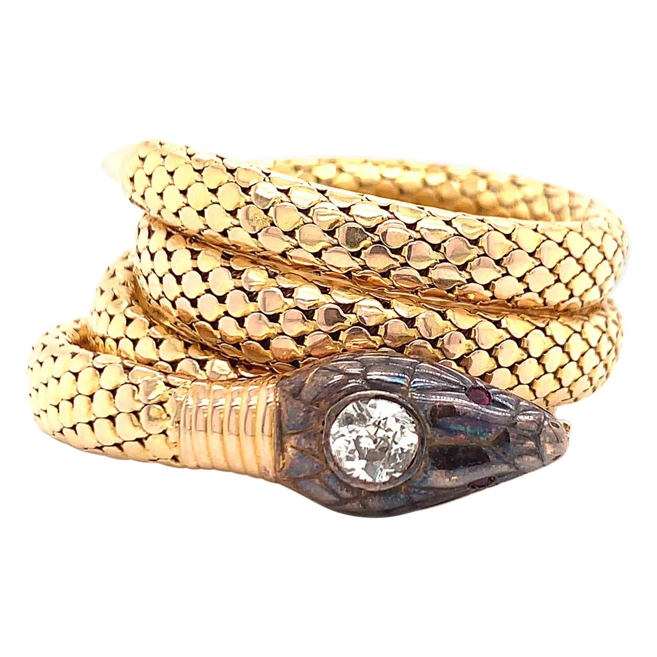 Antique Old European Cut Diamond Gold Snake Wrap Bracelet