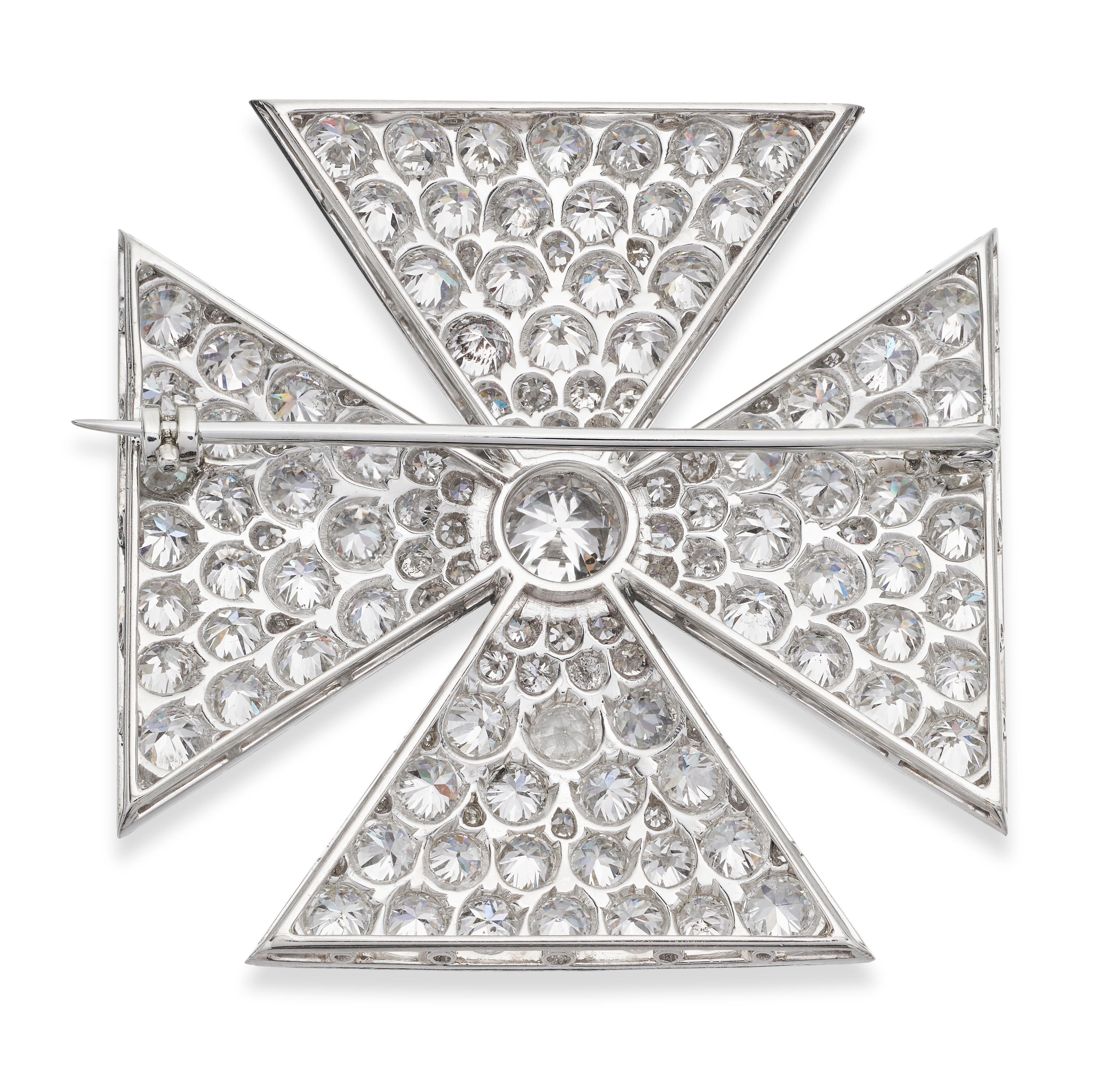 Exceptional diamond Maltese cross brooch, set in platinum. Old European cut diamonds dazzle from every angle in this brooch. 
1 x Center diamond, approximate weight 1.20 carats
The rest diamonds approximate weight 11.0 carats, assessed colour H/I,
