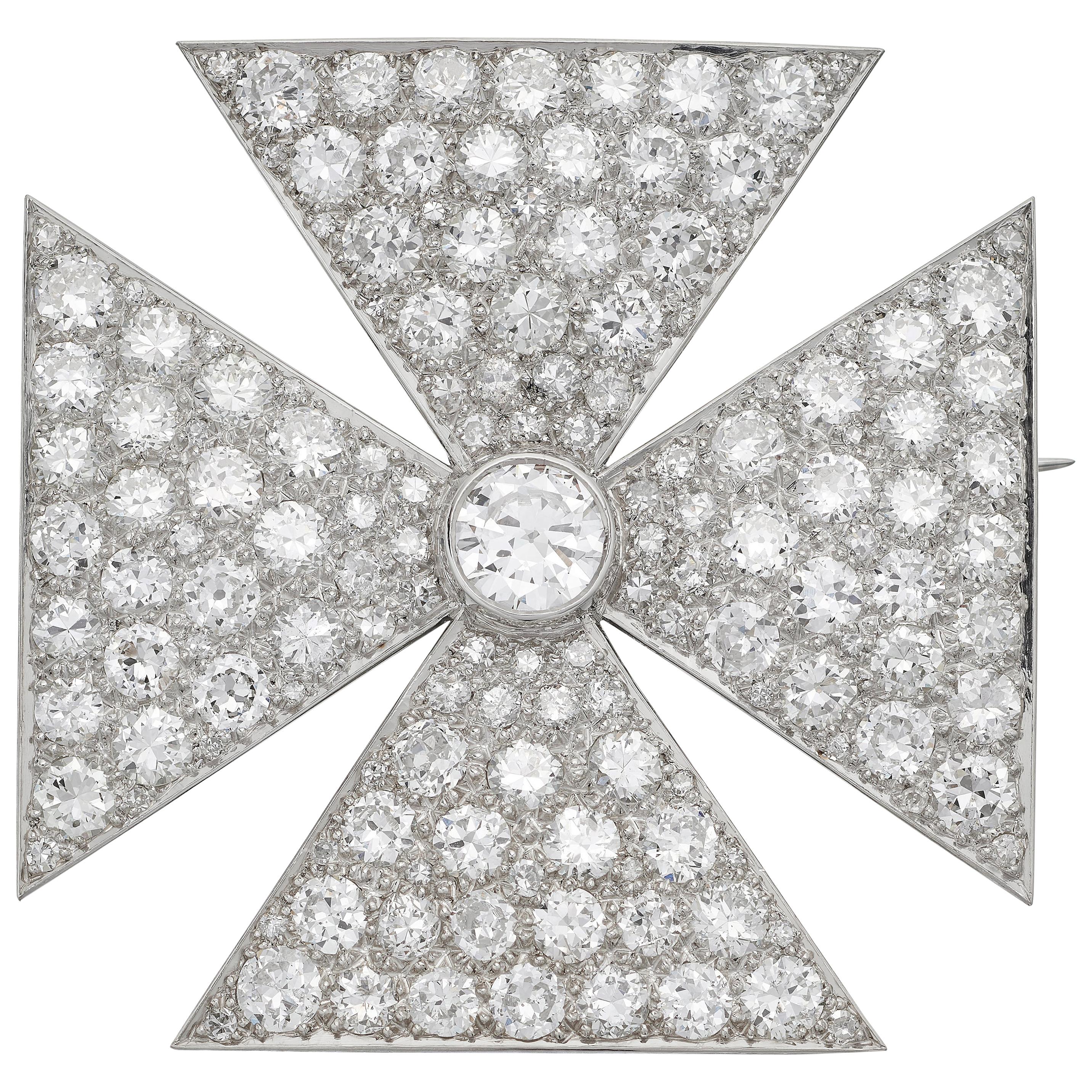 Antique Old European Cut Diamond Maltese Cross Brooch in Platinum