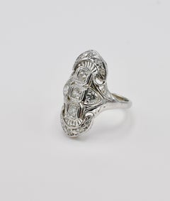 Antique Old European Cut Diamond Navette 14 Karat White Gold Cocktail Ring