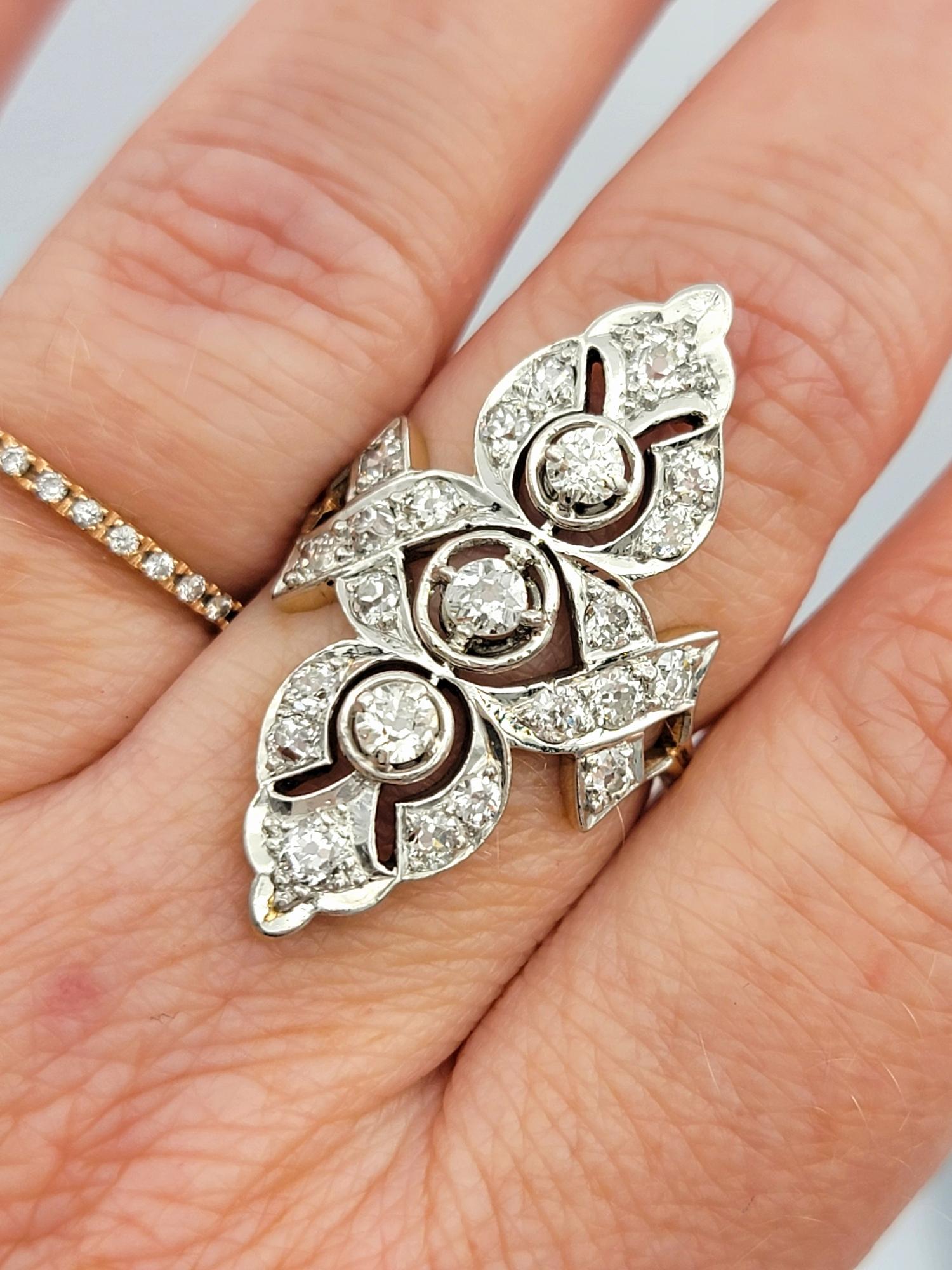 Antique Old European Cut Diamond Navette Ring in 14 Karat Yellow and White Gold For Sale 5