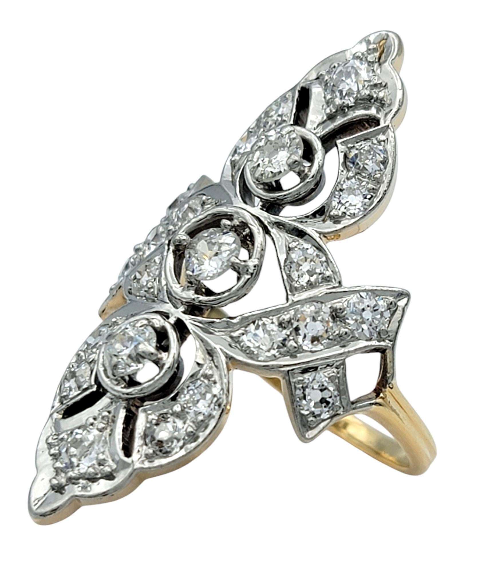 Edwardian Antique Old European Cut Diamond Navette Ring in 14 Karat Yellow and White Gold For Sale